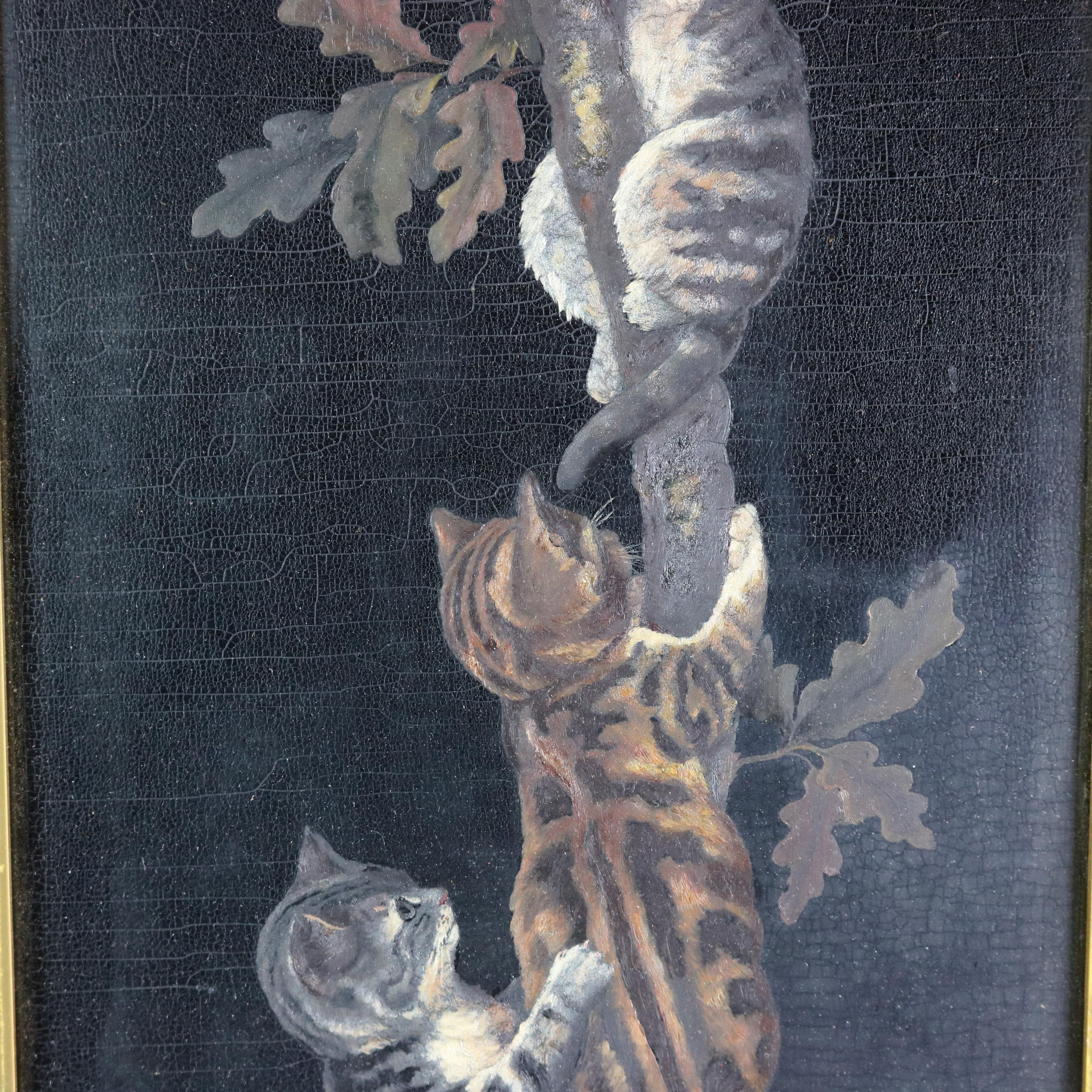 Carved Antique Victorian Yard Long Oil Painting of Kittens on Wood Panel, Circa 1890