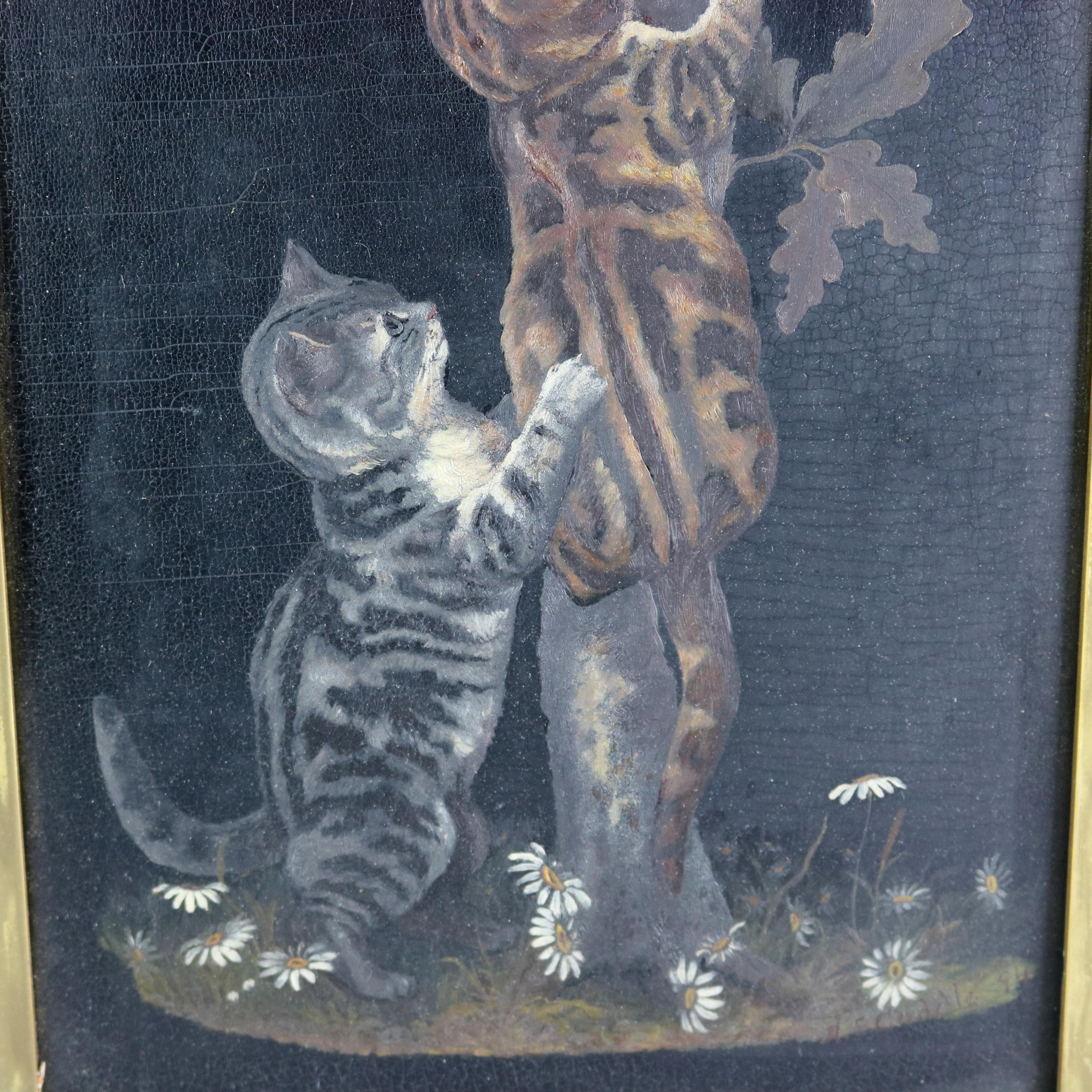 Antique Victorian Yard Long Oil Painting of Kittens on Wood Panel, Circa 1890 In Good Condition In Big Flats, NY