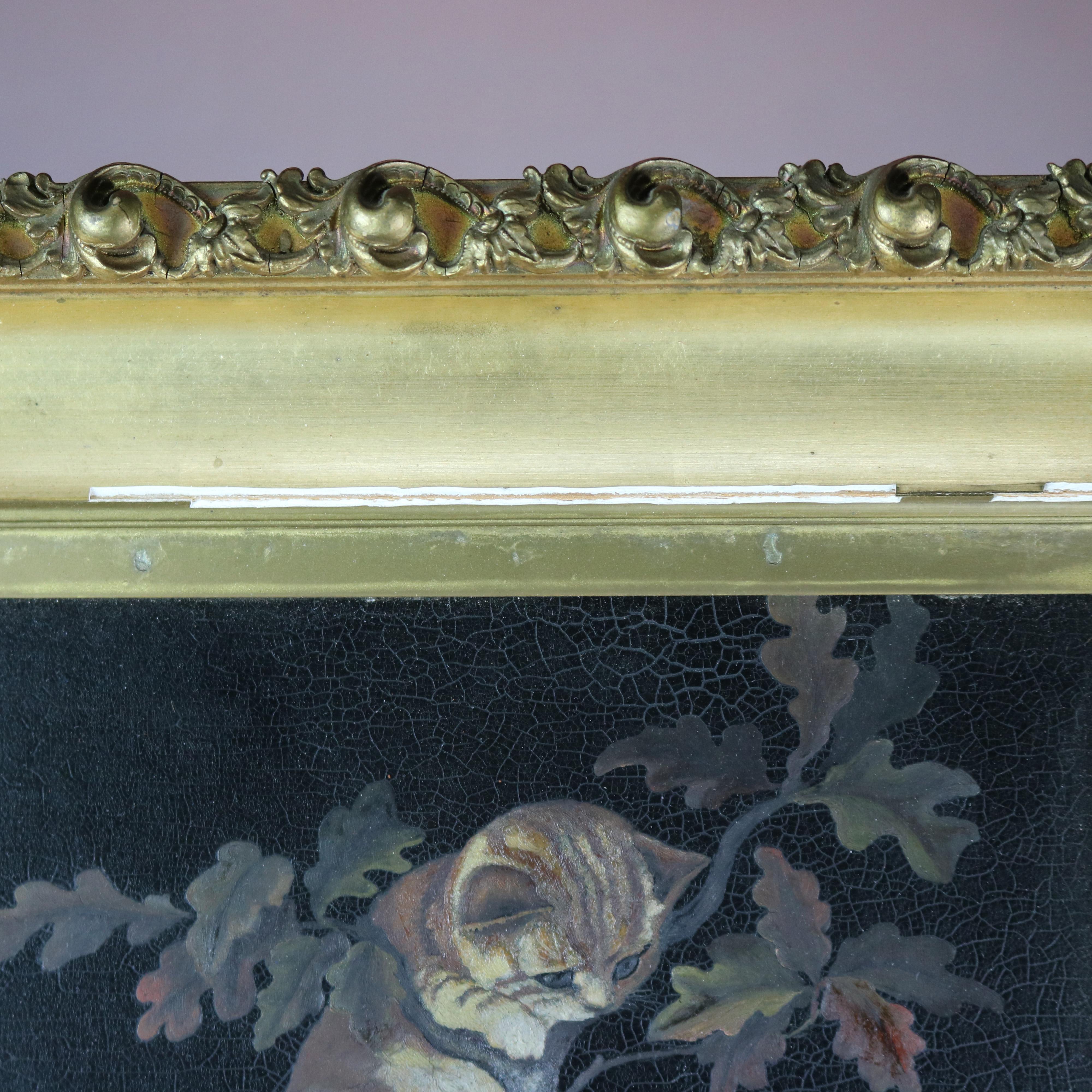 Antique Victorian Yard Long Oil Painting of Kittens on Wood Panel, Circa 1890 2