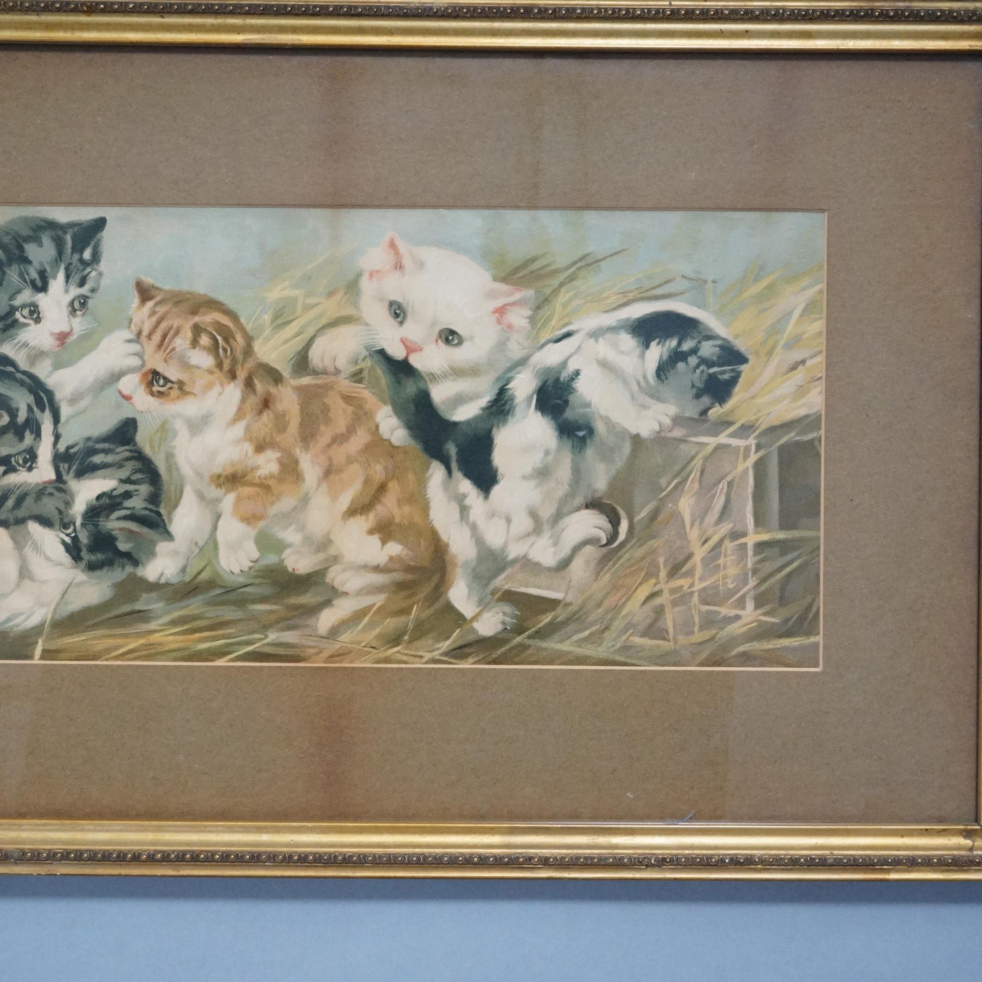An antique Victorian yard-long print of playful kittens seated in giltwood frame, c1900

Measures- 16'' H x 41.5'' W x 1.25'' D.