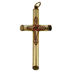 Antique Victorian Yellow and Rose Gold Plated Hand Engraved Cross Pendant