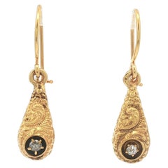 Antique Victorian Yellow Gold 0.08ct Old Diamond Repousse Work Teardrop Earrings