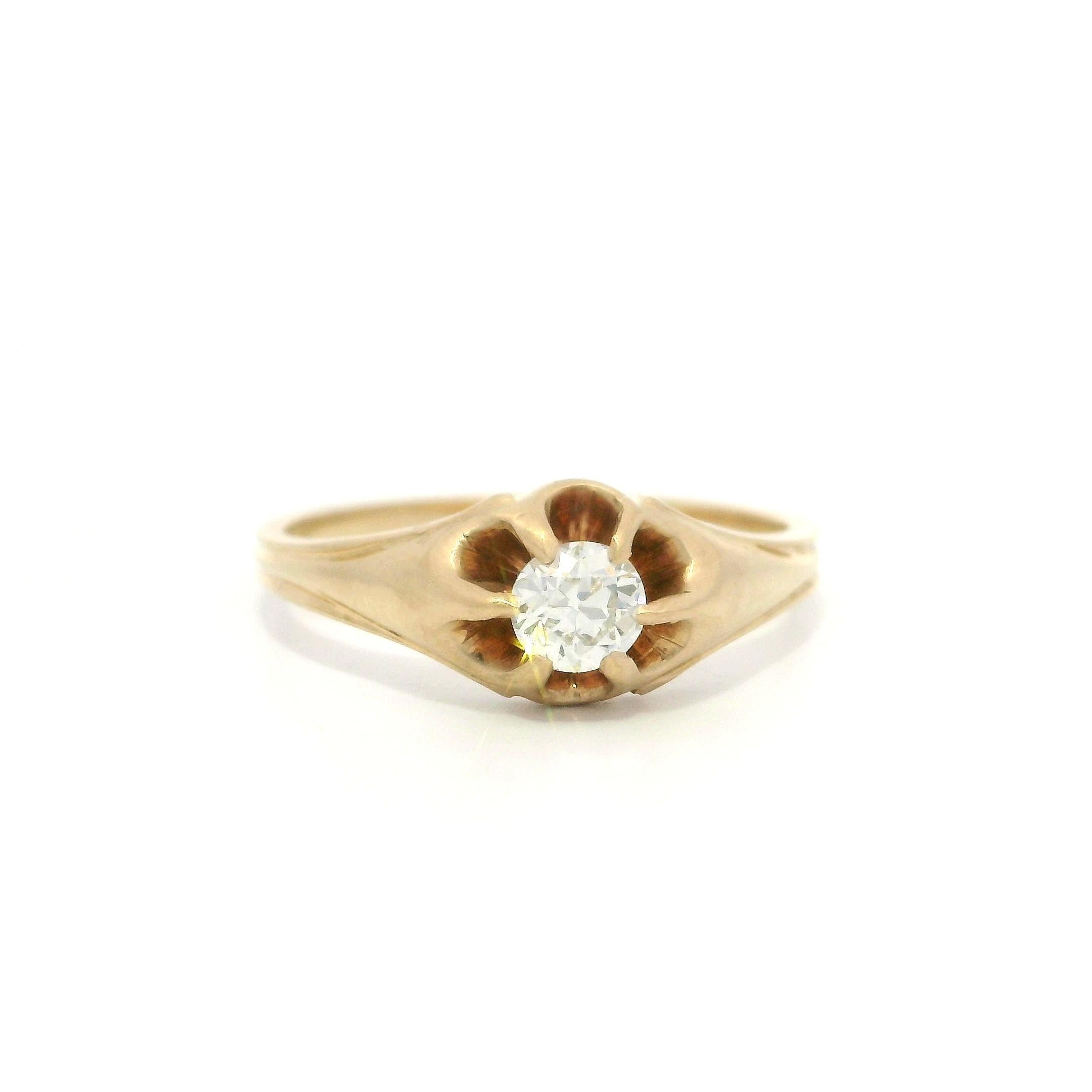 Taille vieille Europe Bague gitane victorienne ancienne solitaire en or jaune 0,30 ctw Old Belcher Diamond en vente