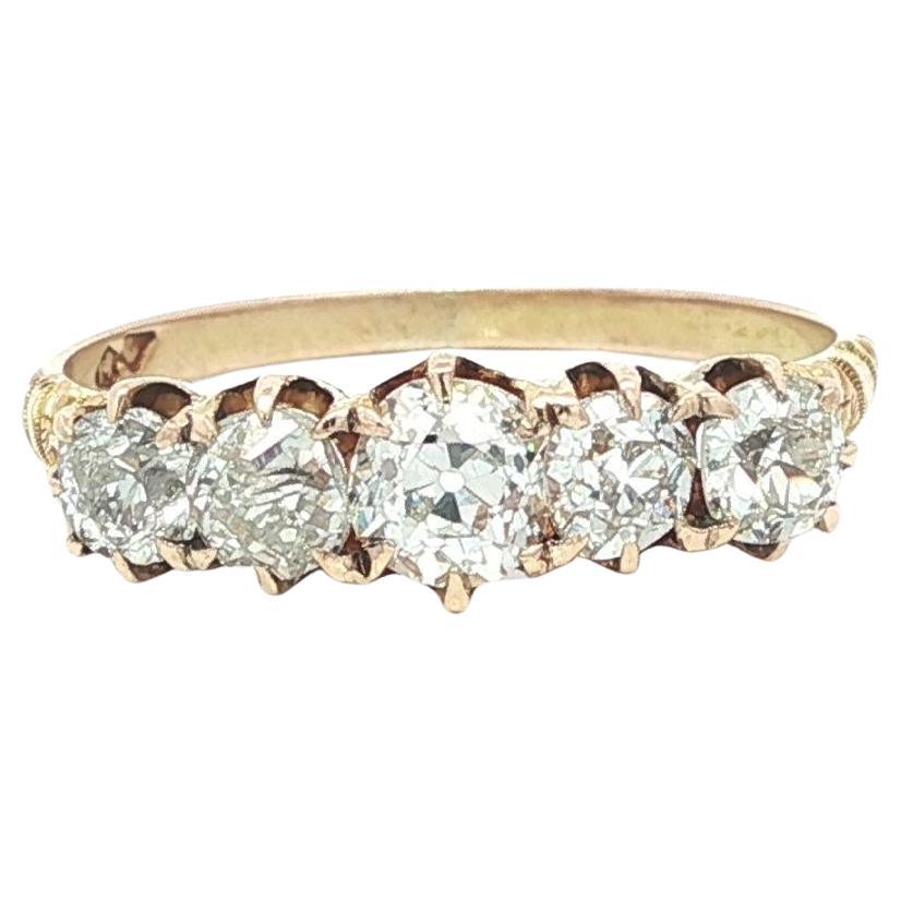 Antique Victorian Yellow Gold 1.2ctw Old Diamond Repousse Work 5 Stone Band Ring