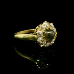 Antique Victorian Yellow Gold 1.59ctw Cat's Eye Old Mine Cut Diamond Halo Ring