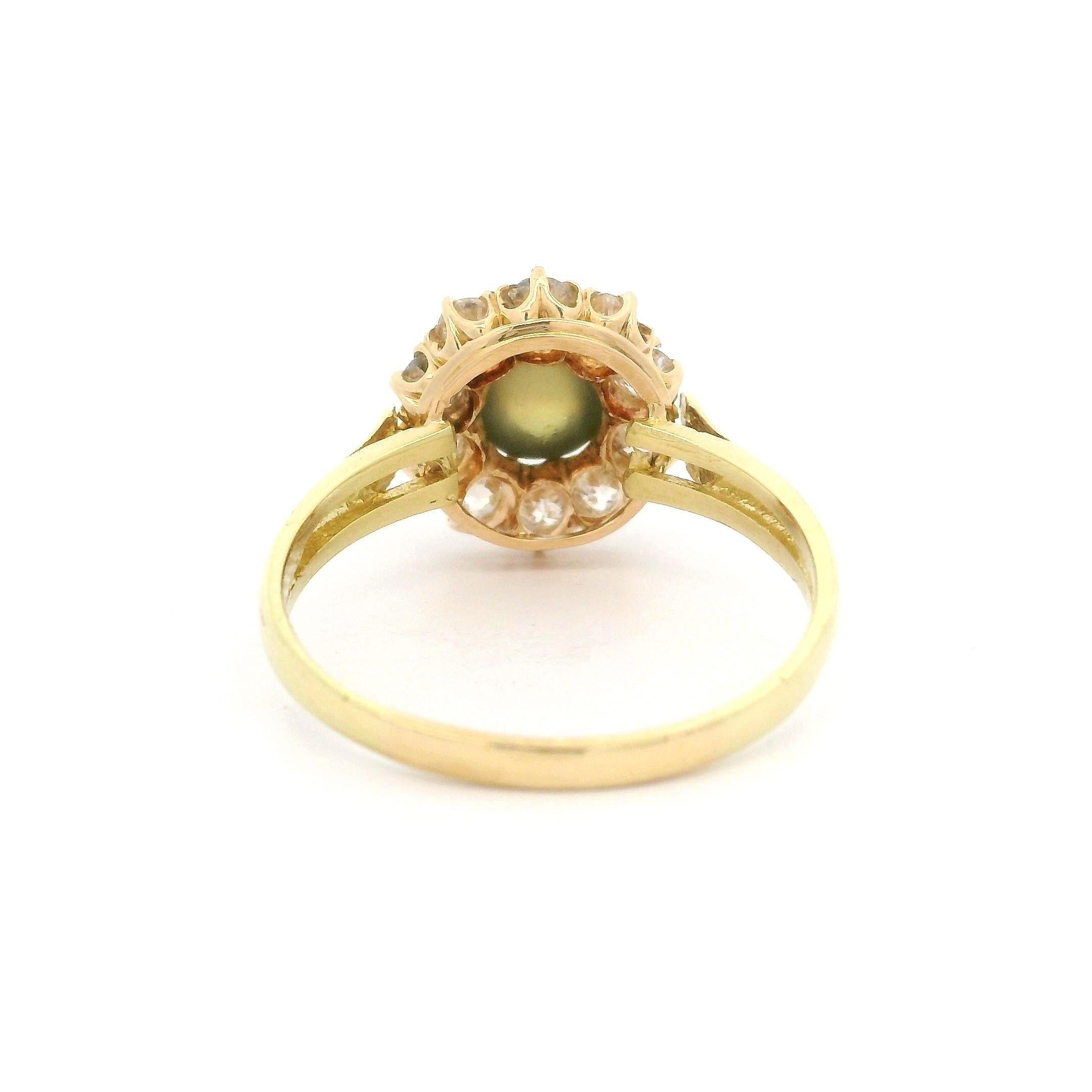 Antique Victorian Yellow Gold 1.59ctw Cat's Eye Old Mine Cut Diamond Halo Ring In Good Condition For Sale In Montclair, NJ