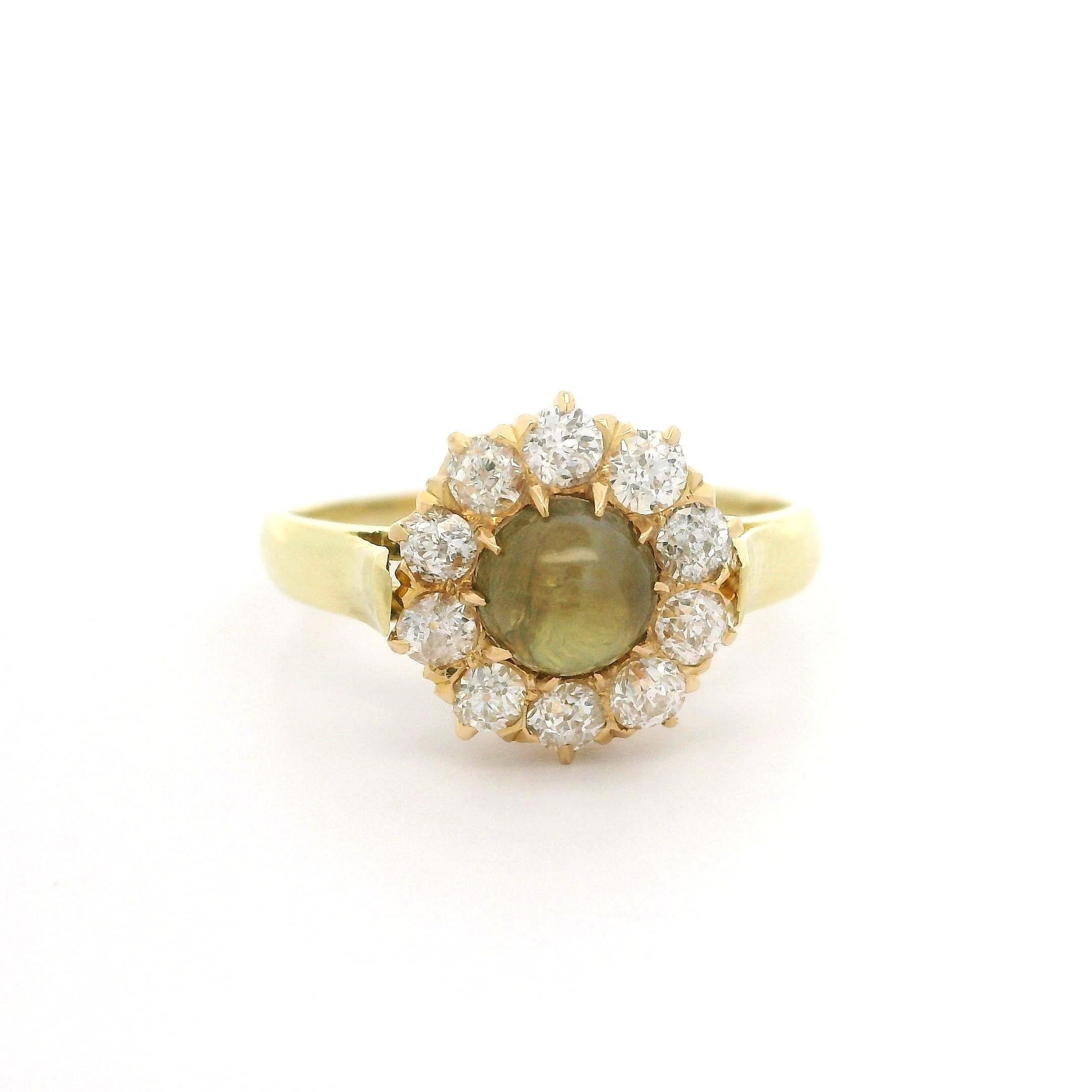Antique Victorian Yellow Gold 1.59ctw Cat's Eye Old Mine Cut Diamond Halo Ring For Sale 2