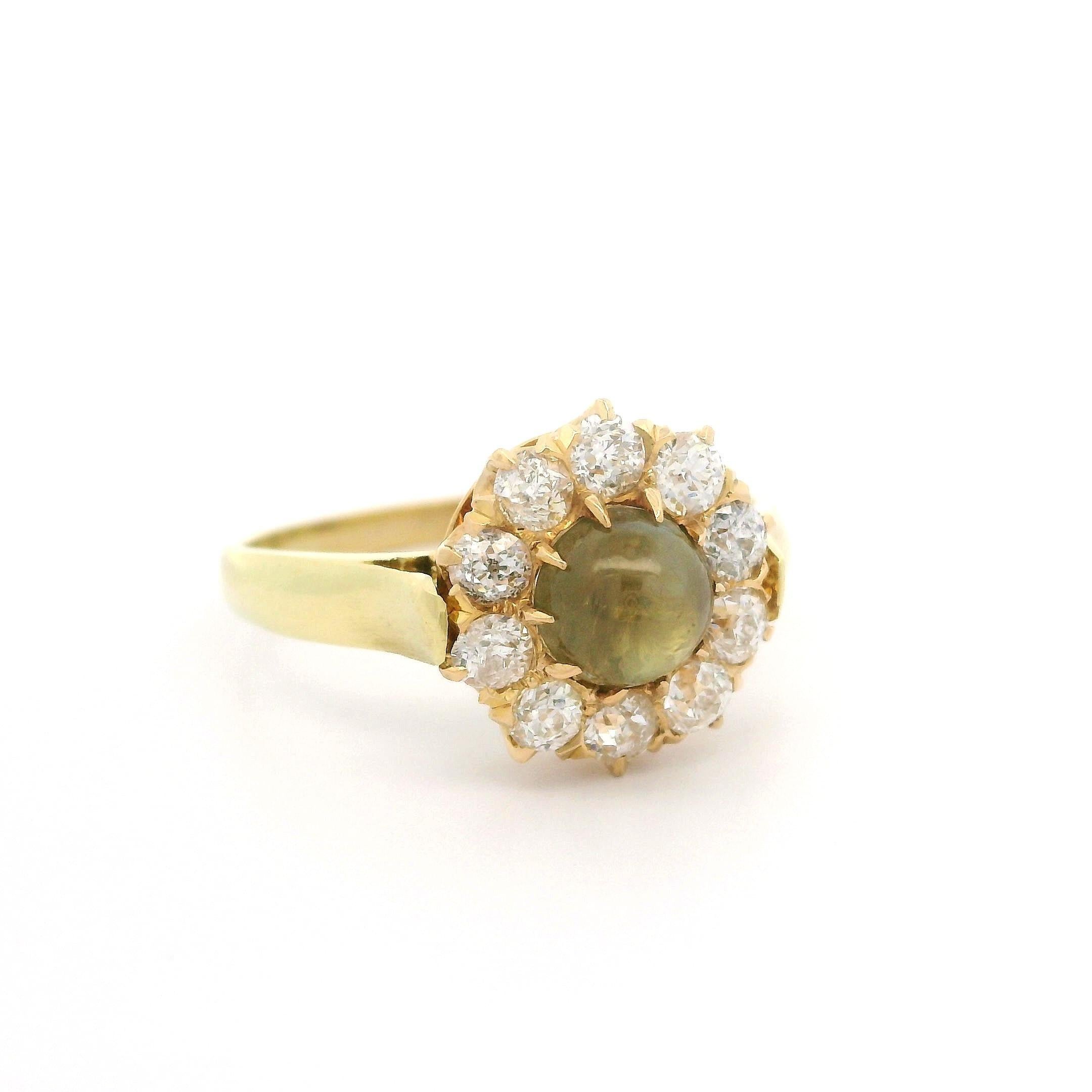 Antique Victorian Yellow Gold 1.59ctw Cat's Eye Old Mine Cut Diamond Halo Ring For Sale 3