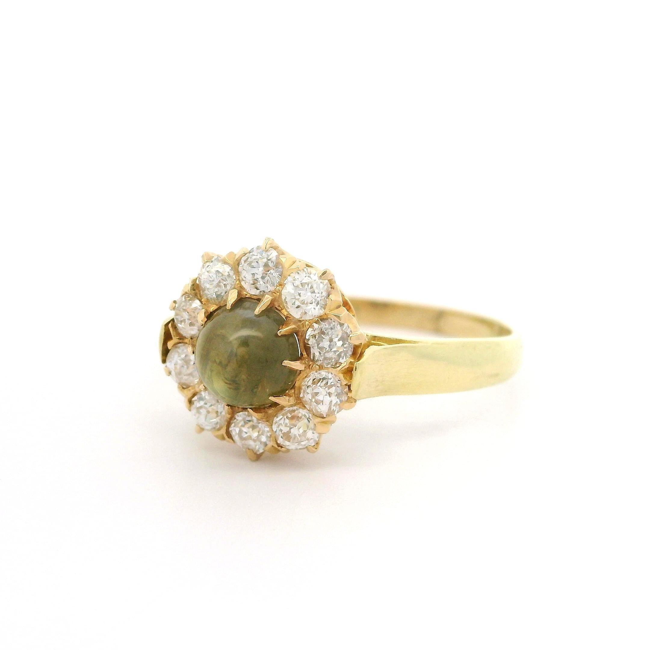 Antique Victorian Yellow Gold 1.59ctw Cat's Eye Old Mine Cut Diamond Halo Ring For Sale 4