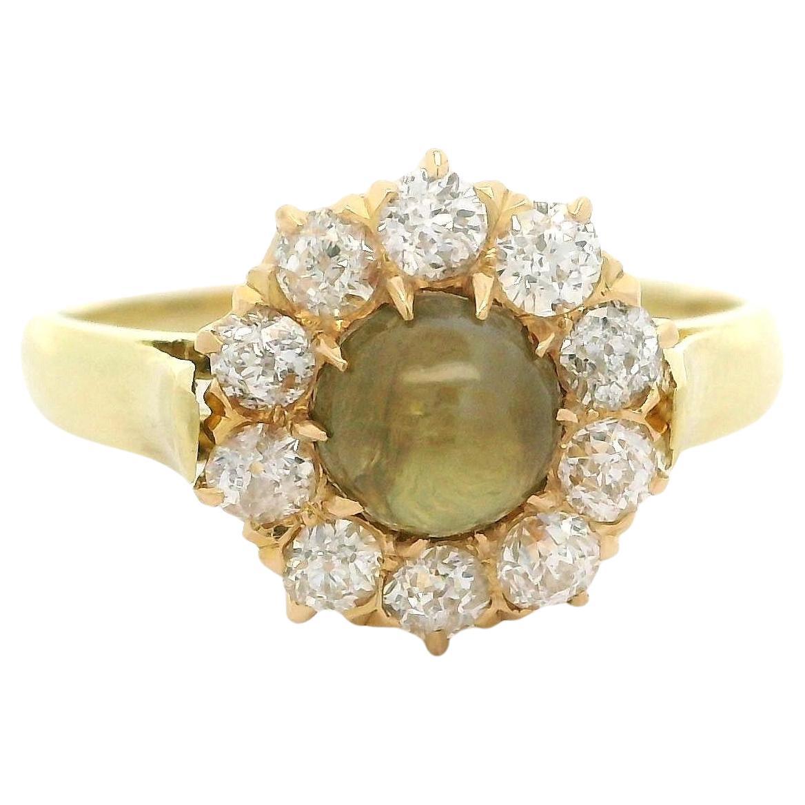 Antique Victorian Yellow Gold 1.59ctw Cat's Eye Old Mine Cut Diamond Halo Ring