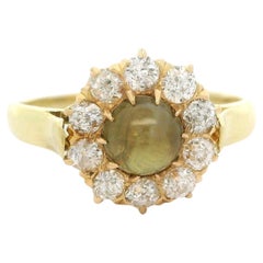 Antique Victorian Yellow Gold 1.59ctw Cat's Eye Old Mine Cut Diamond Halo Ring