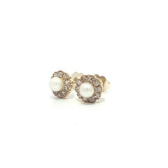 Pendientes de botón antiguos de estilo victoriano, de oro amarillo, con perlas de 4,1 mm y diamantes de talla antigua en forma de flor