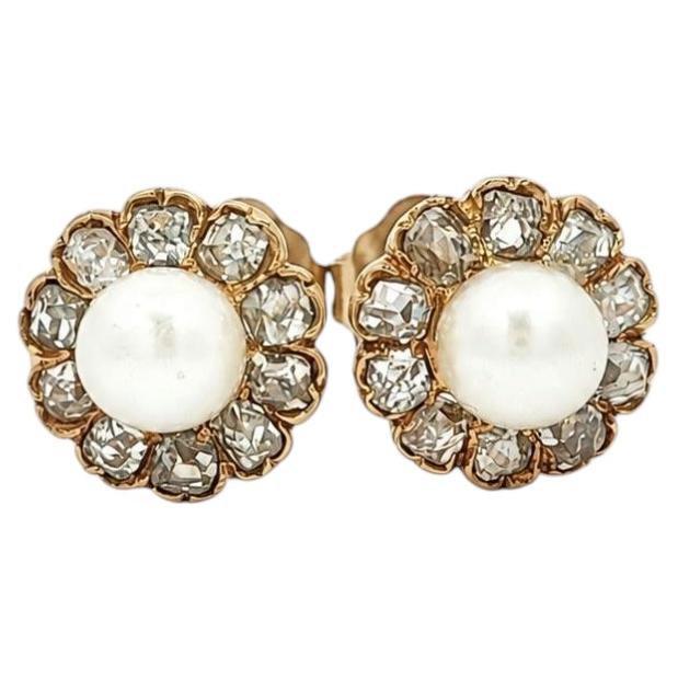 Antique Victorian Yellow Gold 4.1mm Pearl Old Cut Diamond Flower Stud Earrings