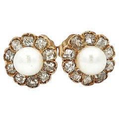 Pendientes de botón antiguos de estilo victoriano, de oro amarillo, con perlas de 4,1 mm y diamantes de talla antigua en forma de flor