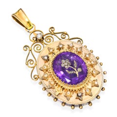 Antique Victorian Yellow Gold Amethyst, Pearl, & Diamond Mourning Locket Pendant