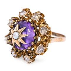 Antique Victorian Yellow Gold Amethyst Pearl & Rose Cut Diamond Mourning Ring