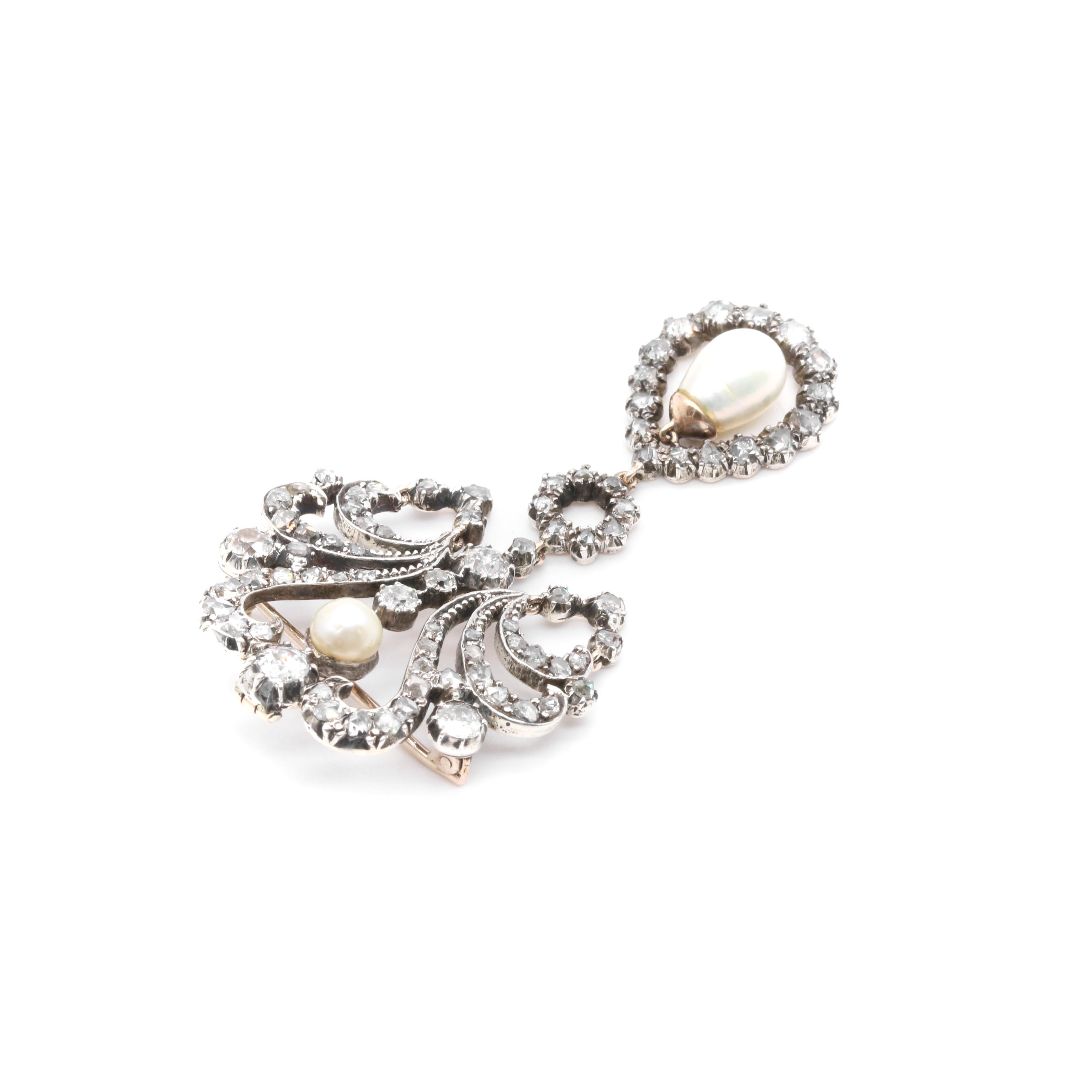 Antique Victorian Yellow Gold and Silver 1.74ctw Diamond & Pearl Palmette Brooch For Sale 5