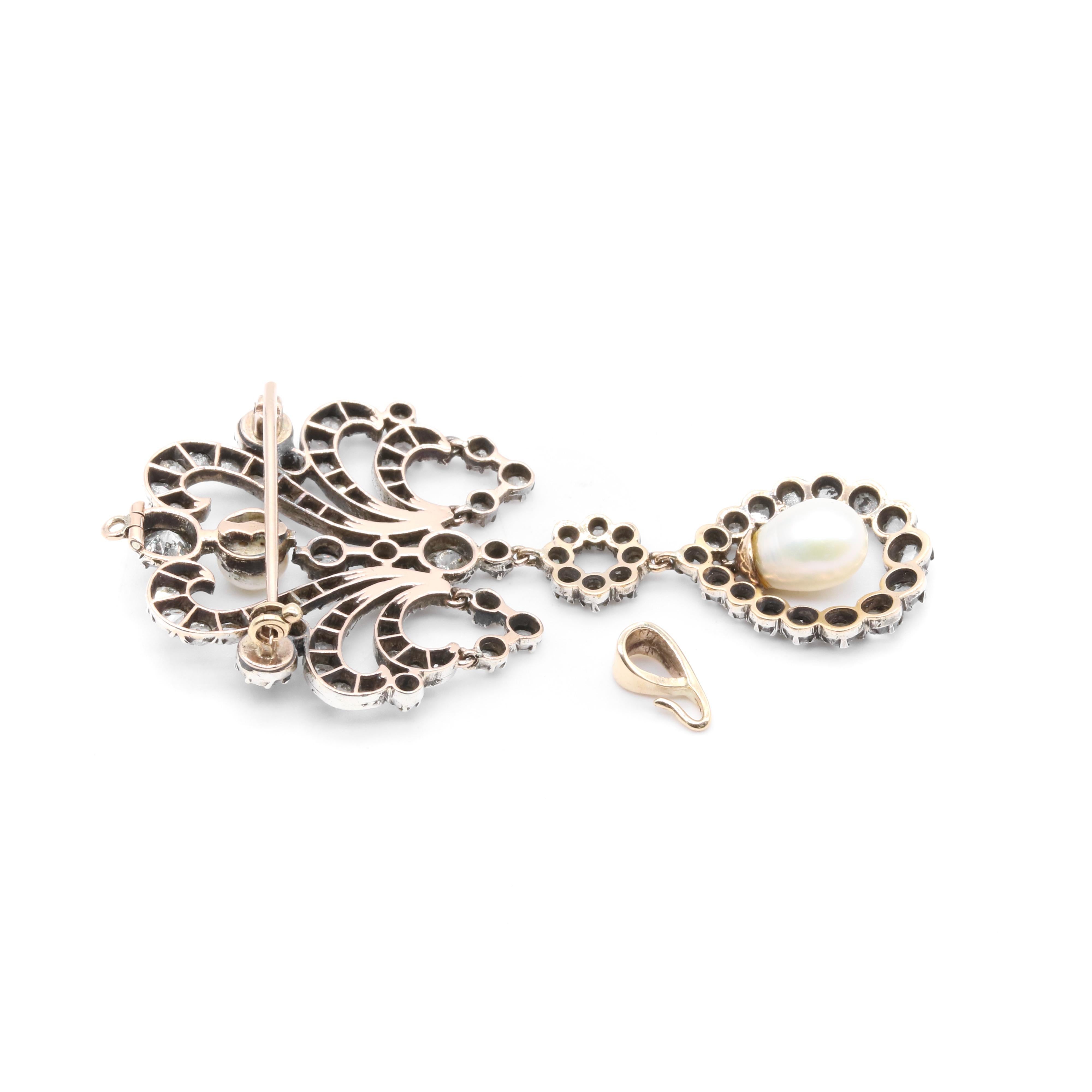 Antique Victorian Yellow Gold and Silver 1.74ctw Diamond & Pearl Palmette Brooch For Sale 6