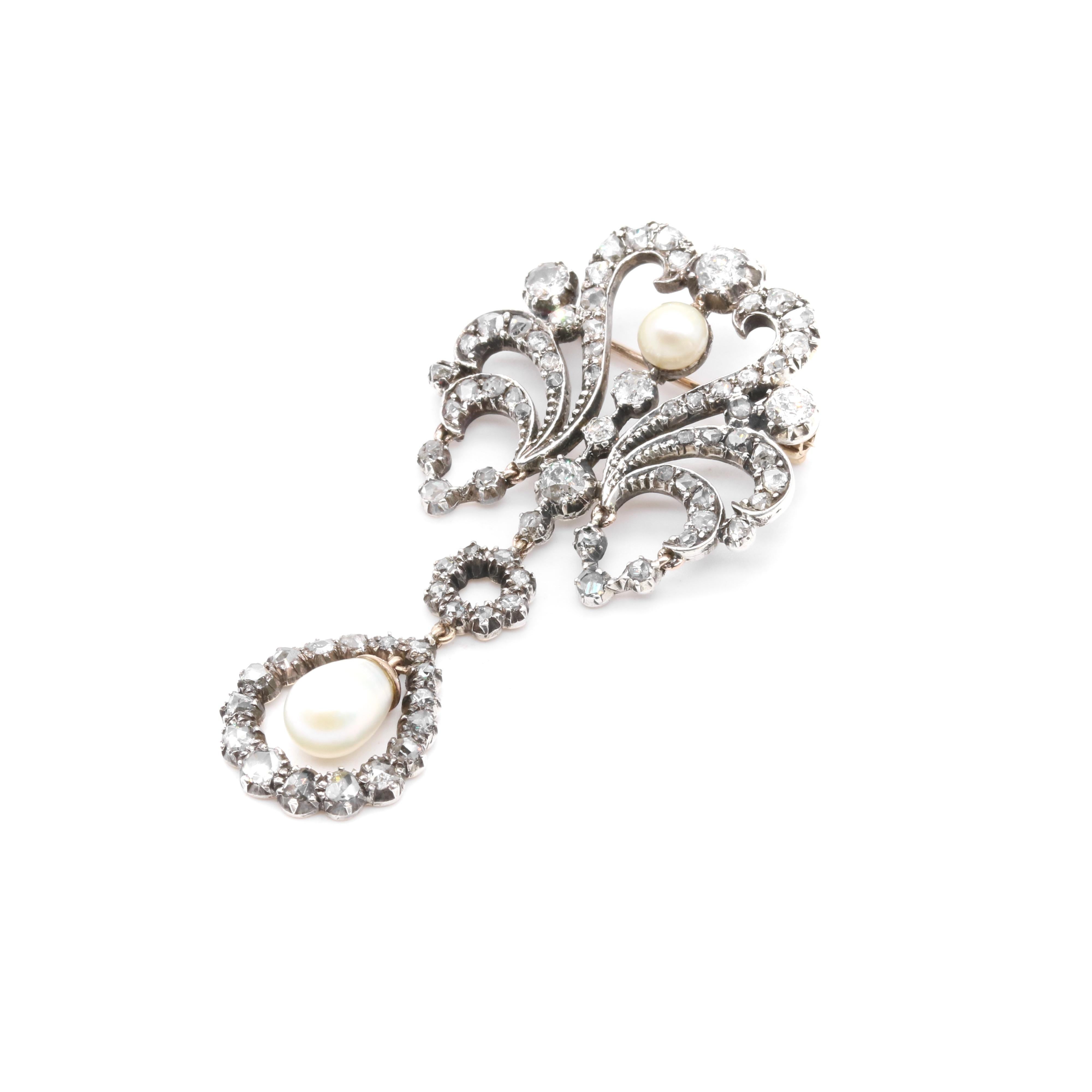Antique Victorian Yellow Gold and Silver 1.74ctw Diamond & Pearl Palmette Brooch For Sale 2