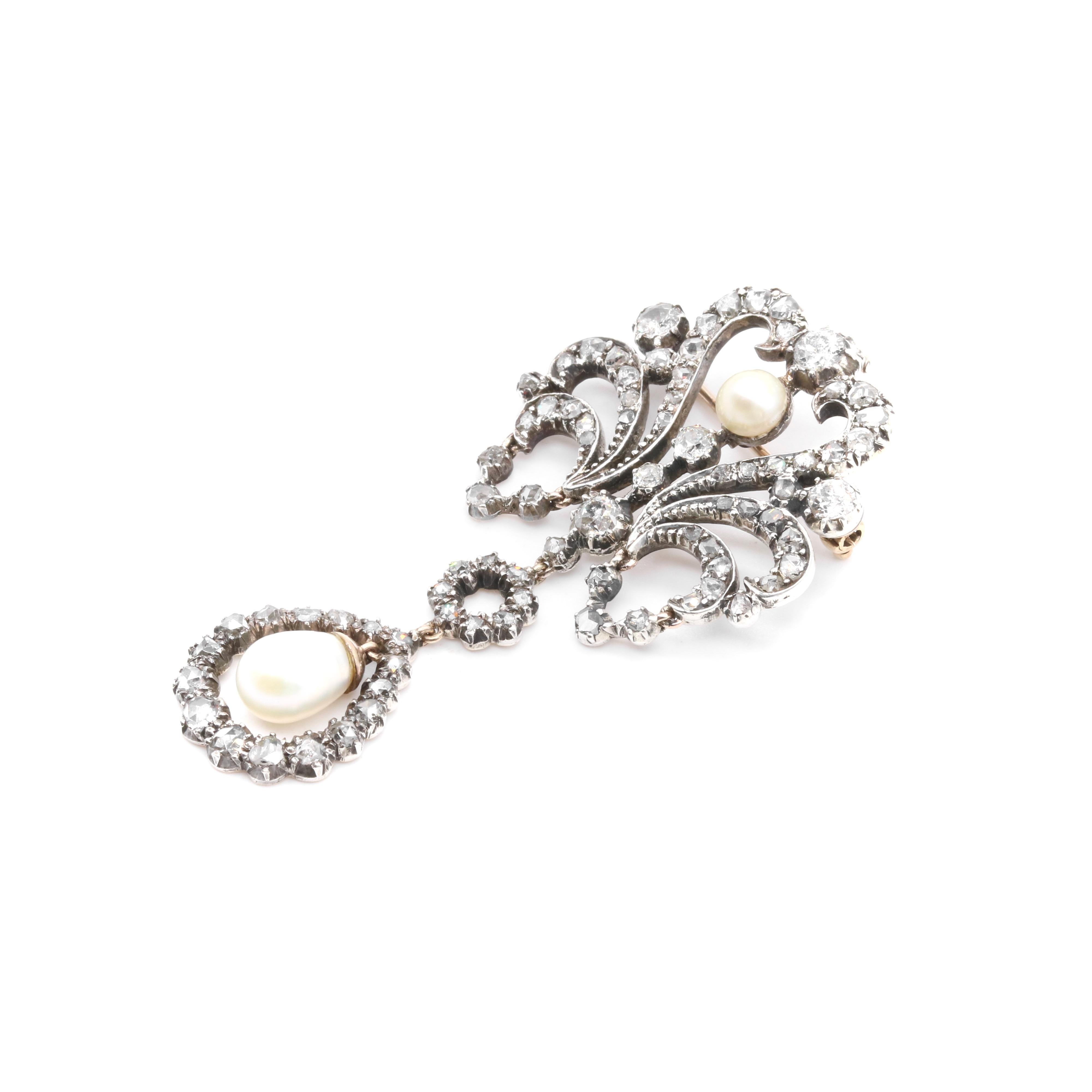Antique Victorian Yellow Gold and Silver 1.74ctw Diamond & Pearl Palmette Brooch For Sale 3