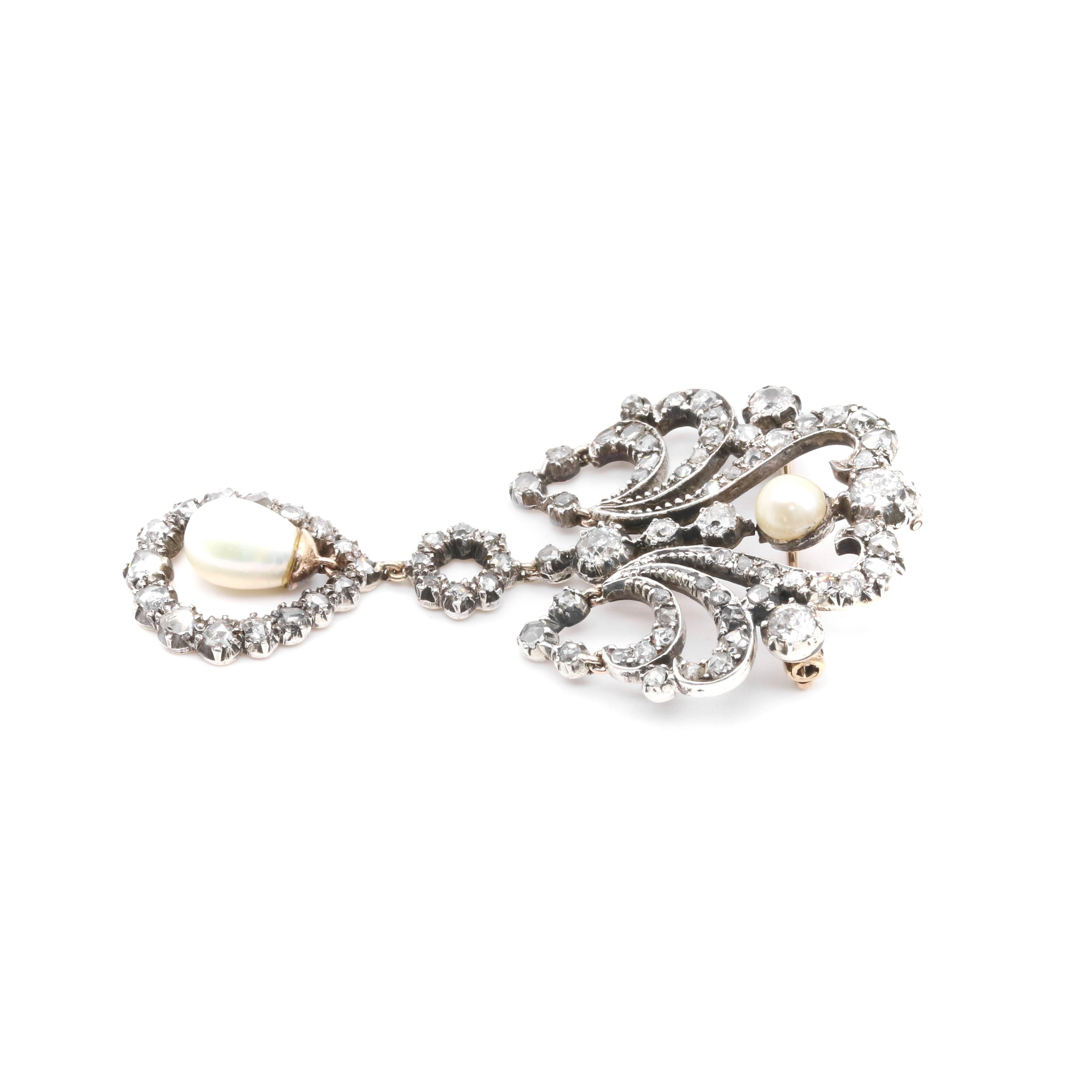 Antique Victorian Yellow Gold and Silver 1.74ctw Diamond & Pearl Palmette Brooch For Sale 4