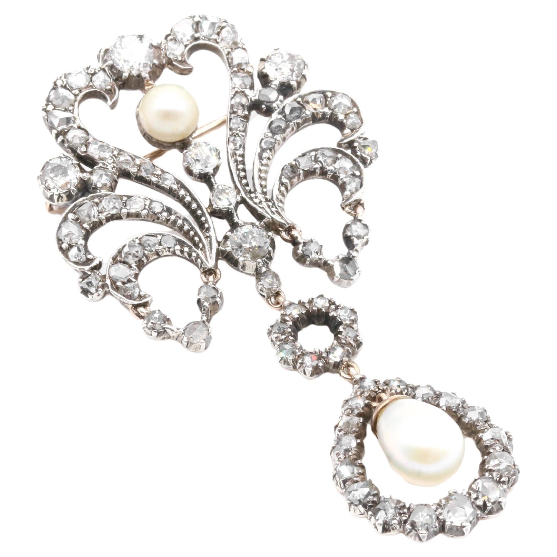 Antique Victorian Yellow Gold and Silver 1.74ctw Diamond & Pearl Palmette Brooch For Sale