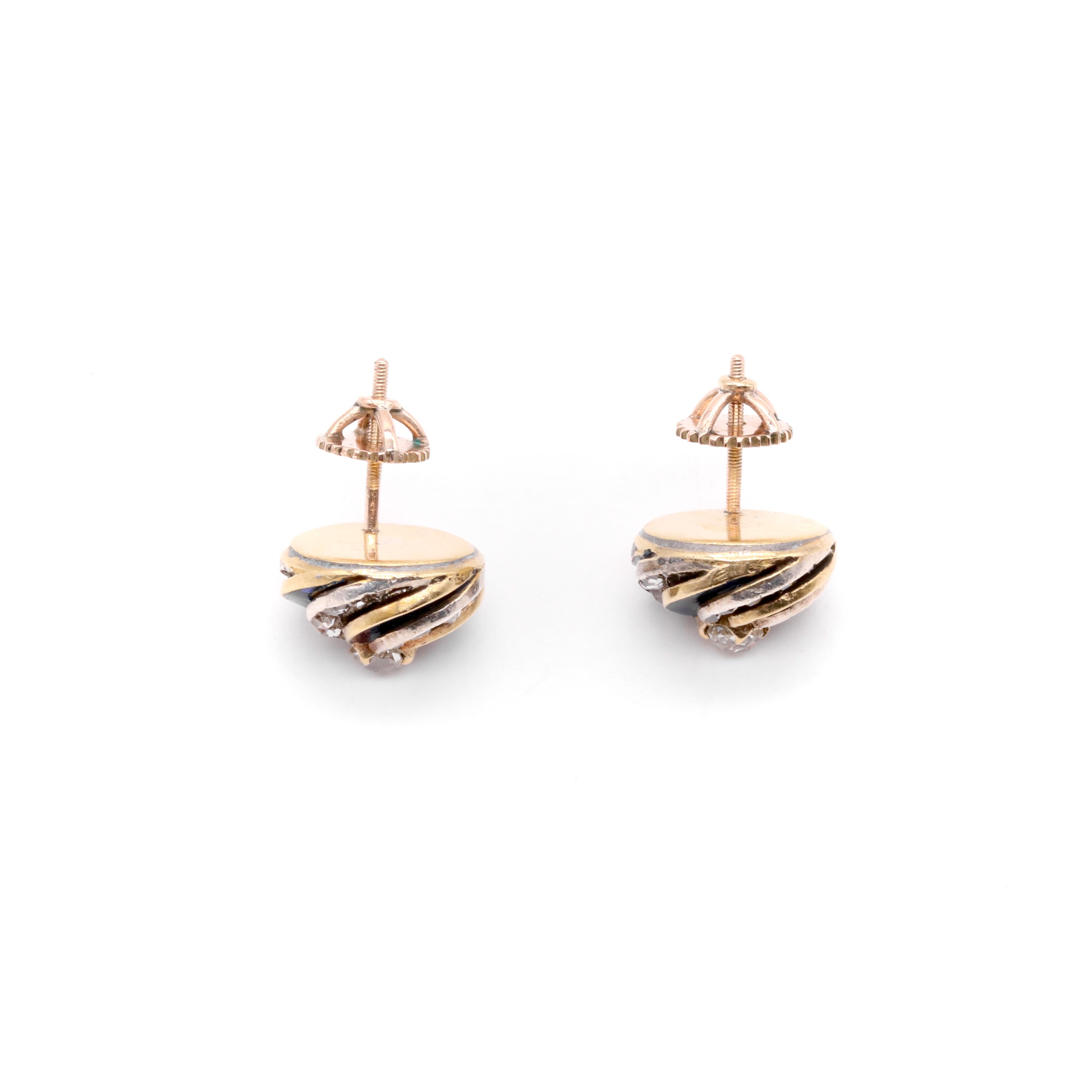 Boucles d'oreilles victoriennes anciennes en or jaune, argent, émail bleu et diamants taille ancienne en vente 2