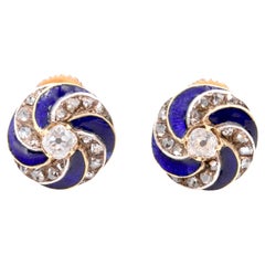 Orecchini antichi vittoriani in oro giallo e argento con smalto blu e diamanti antichi