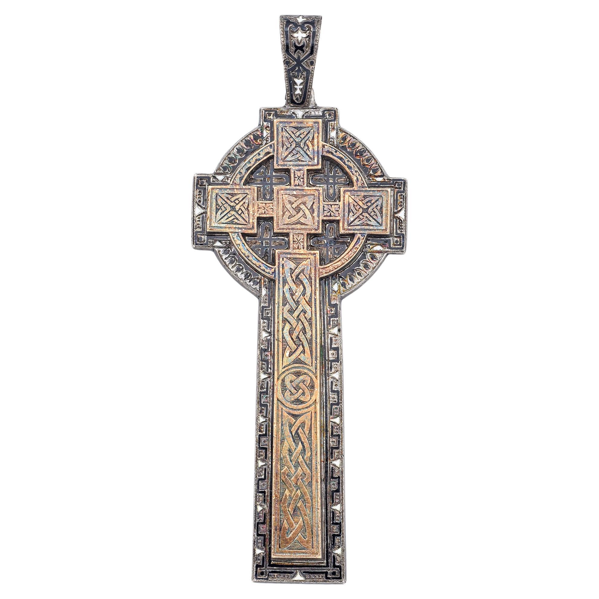 Antique Victorian Yellow Gold and Silver Celtic Cross Pendant