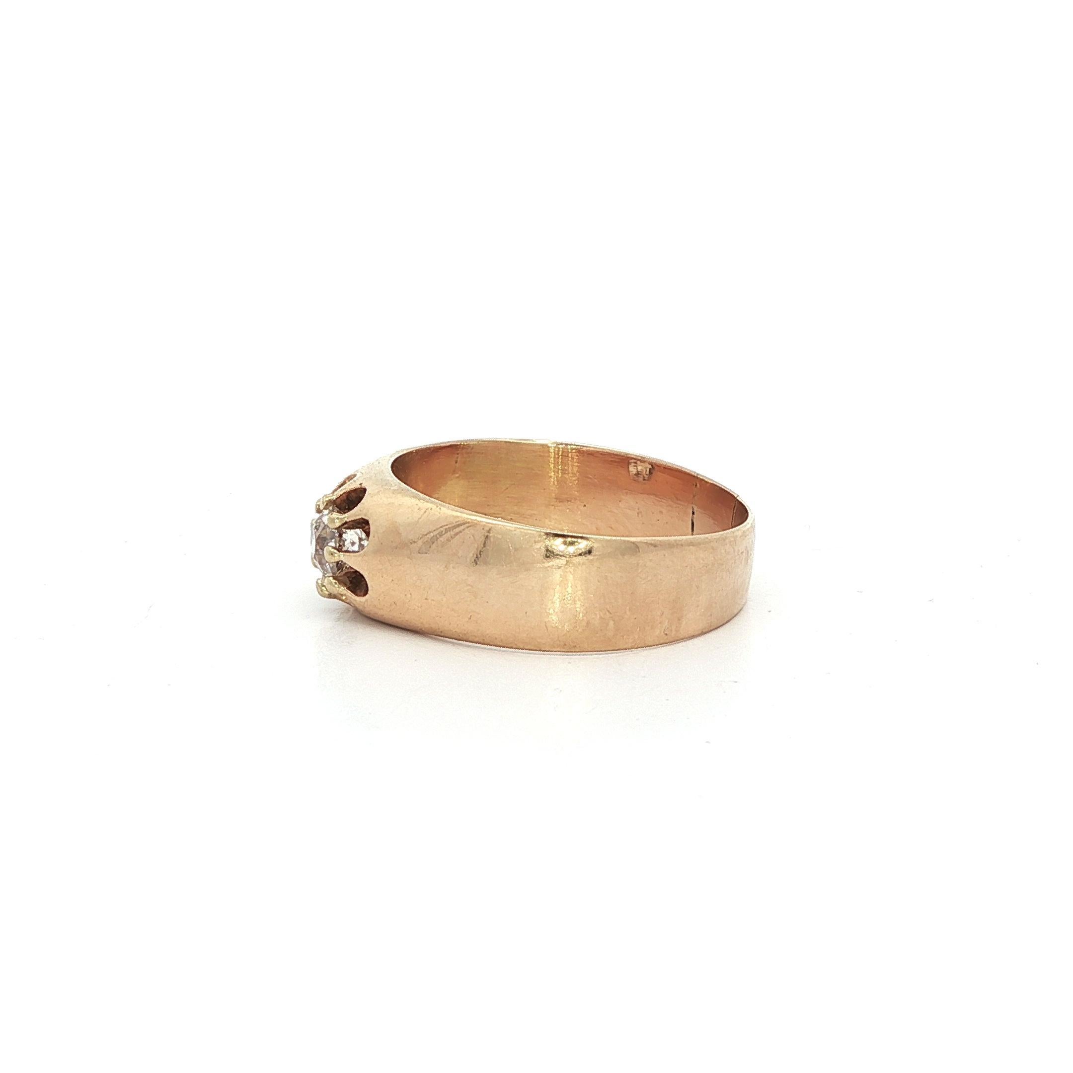 -Pierre(s) : -
(1) Diamant naturel véritable - taille anglaise - serti - belle couleur blanc brillant - 3,75 mm (approx.) - 0,18 ctw (approx.)

MATERIAL : Or jaune 14k massif
Poids total :  2.95 grammes
Largeur totale : 6,31 mm (haut de l'anneau -