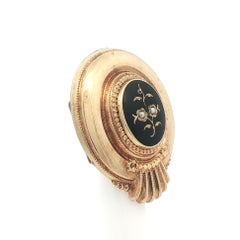 Antique Victorian Yellow Gold Black Onyx & Seed Pearl Mourning Pin Brooch