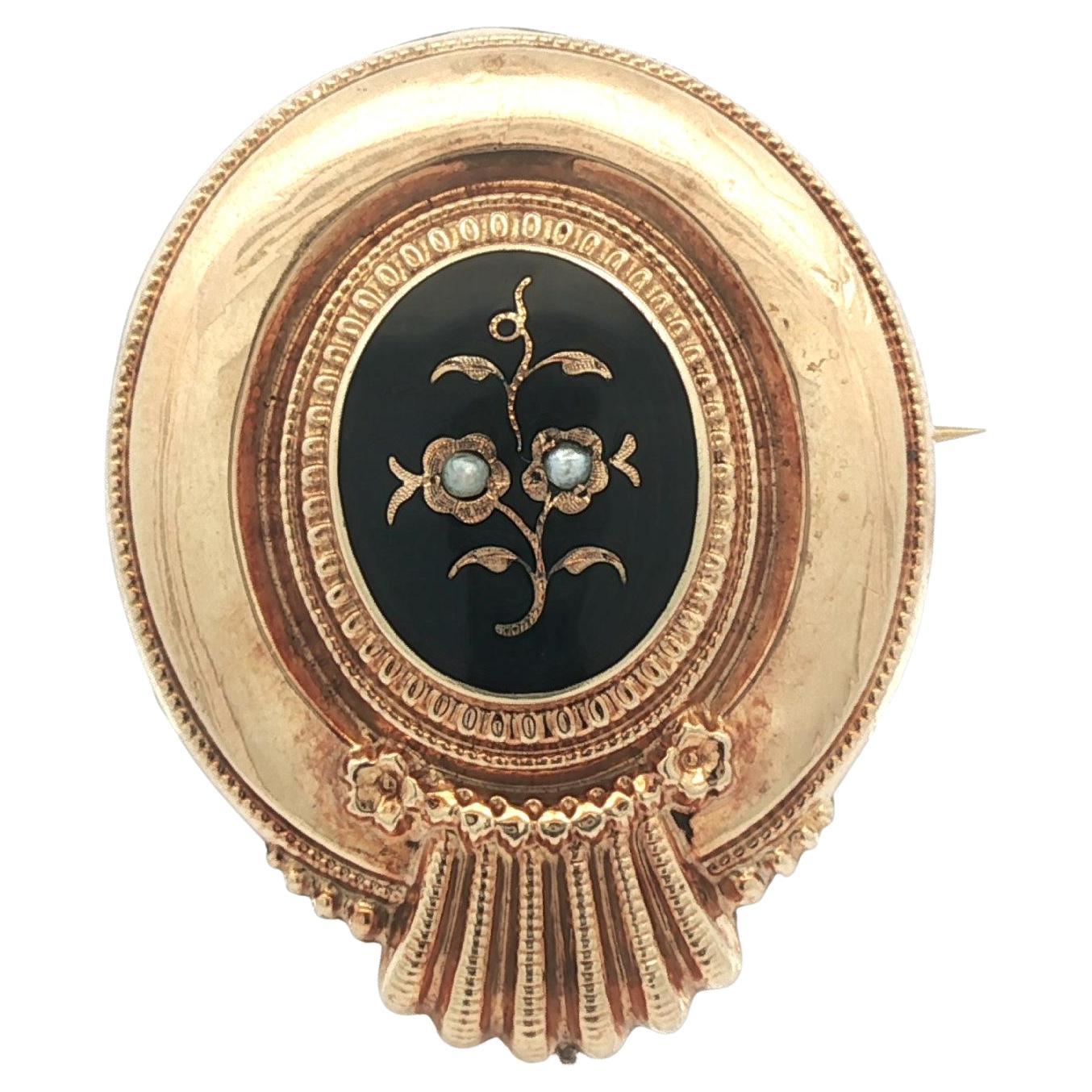 Antique Victorian Yellow Gold Black Onyx 
Seed Pearl Mourning Pin Brooch