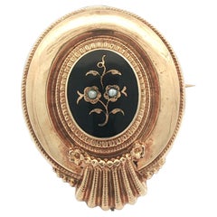 Antique Victorian Yellow Gold Black Onyx 
Seed Pearl Mourning Pin Brooch