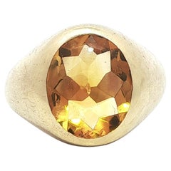 Antique Victorian Yellow Gold Buff Top Oval Bezel Citrine Solitaire Band Ring