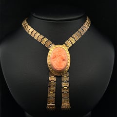Antique Victorian Yellow Gold Cameo Coral Textured Panel Link Tassel Necklace