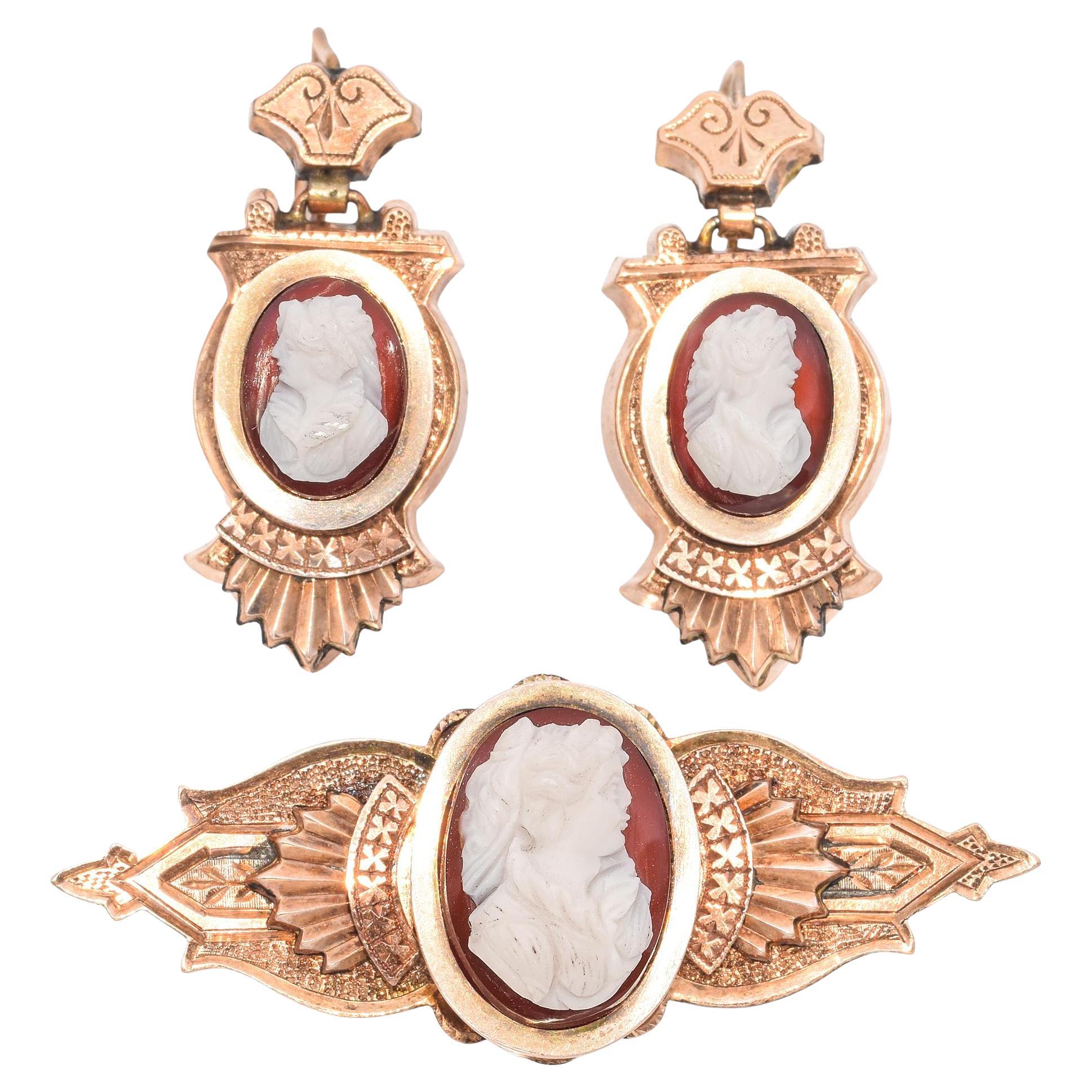 Antique Victorian Yellow Gold Carnelian Cameo Earring and Brooch Set