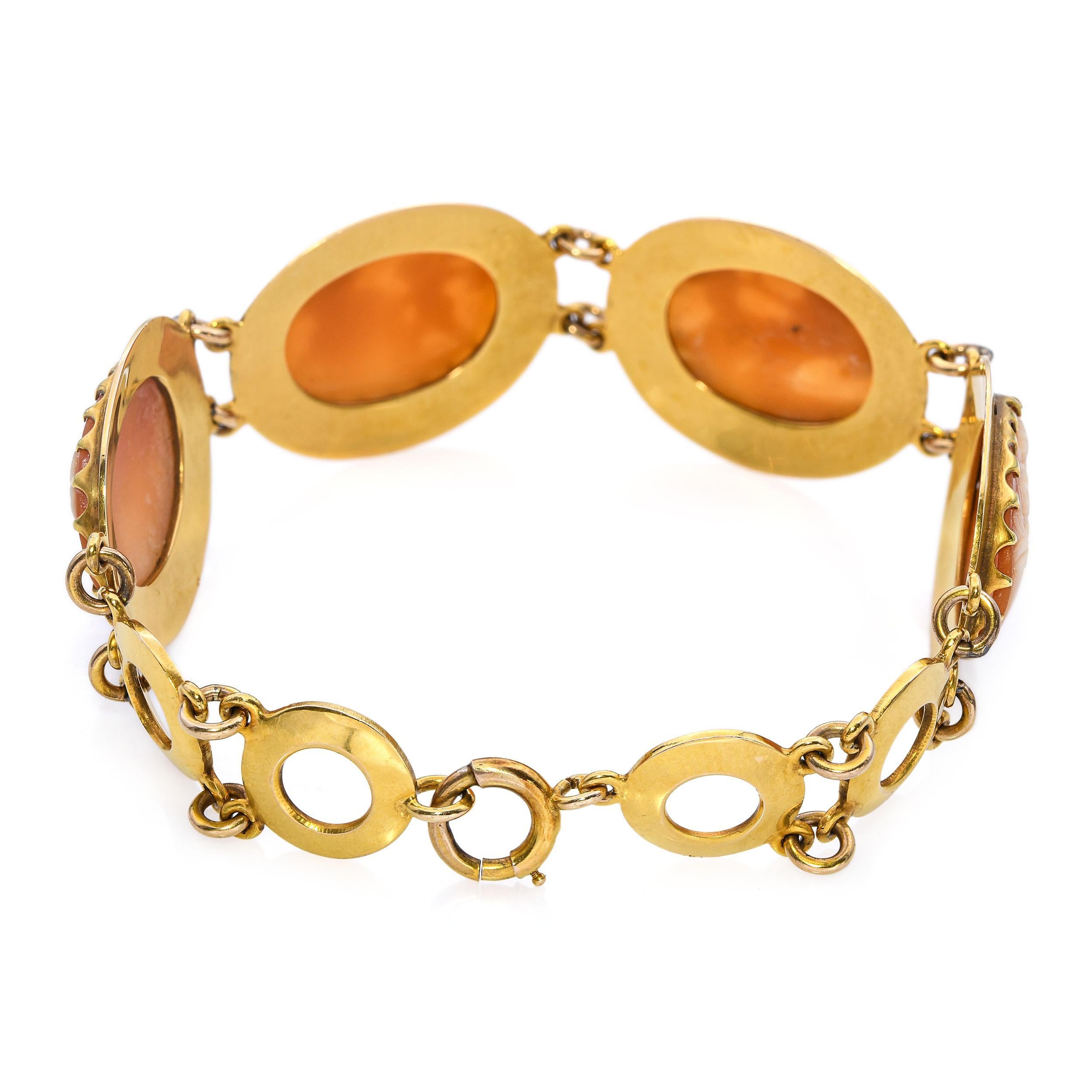 Women's Antique Victorian Yellow Gold Carved Shell Cameo Cherub Panels Bracelet For Sale