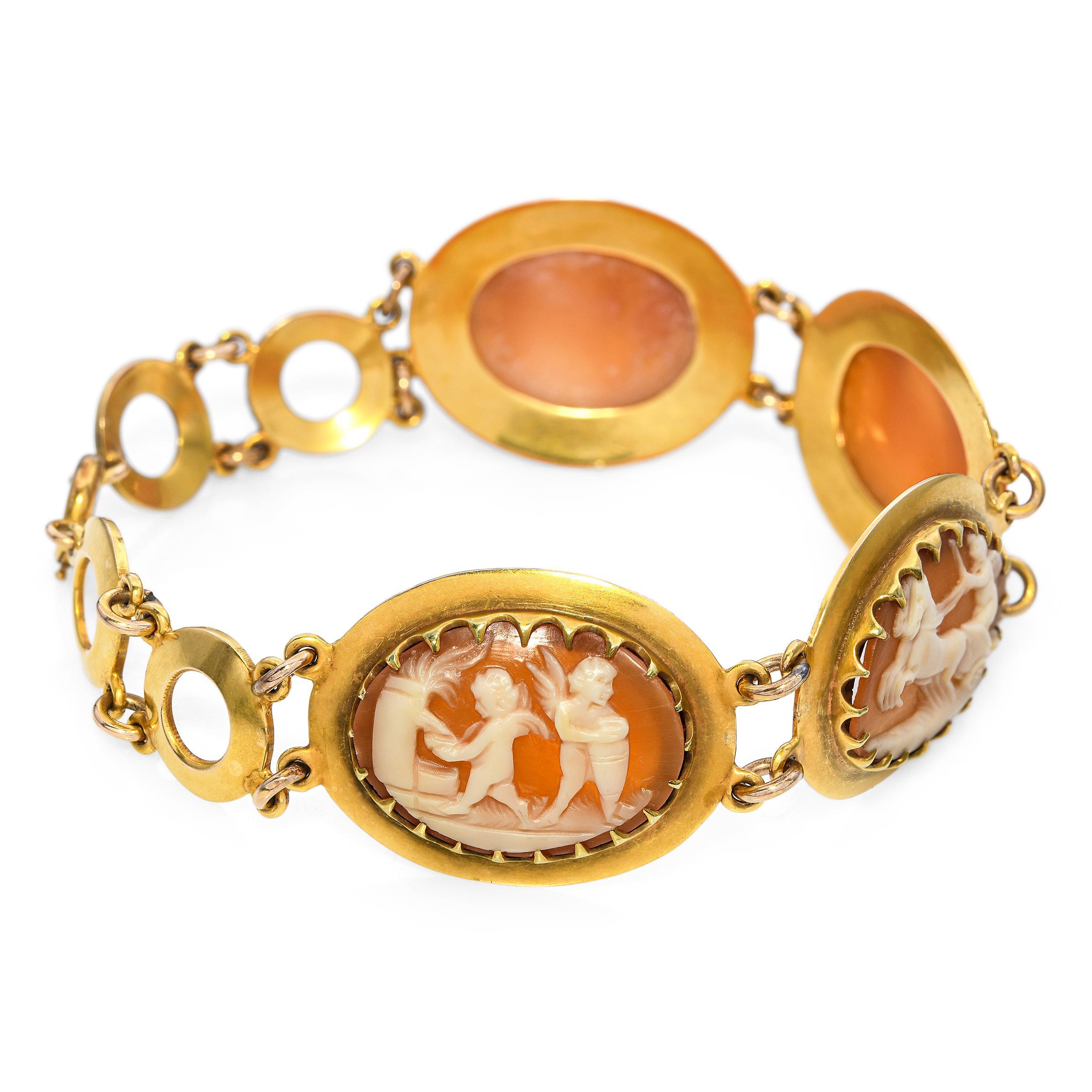 Antique Victorian Yellow Gold Carved Shell Cameo Cherub Panels Bracelet For Sale 1