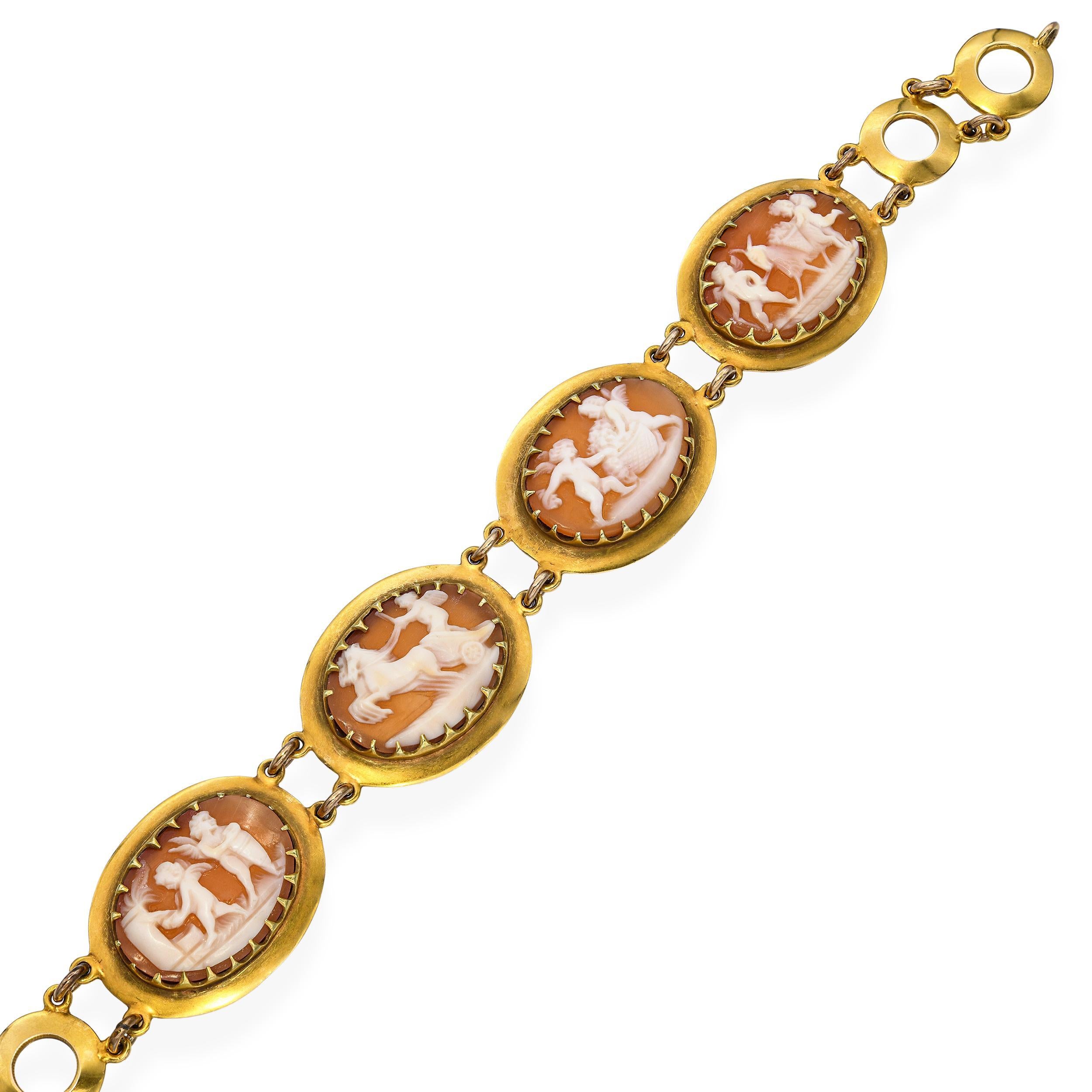 Antique Victorian Yellow Gold Carved Shell Cameo Cherub Panels Bracelet For Sale 2