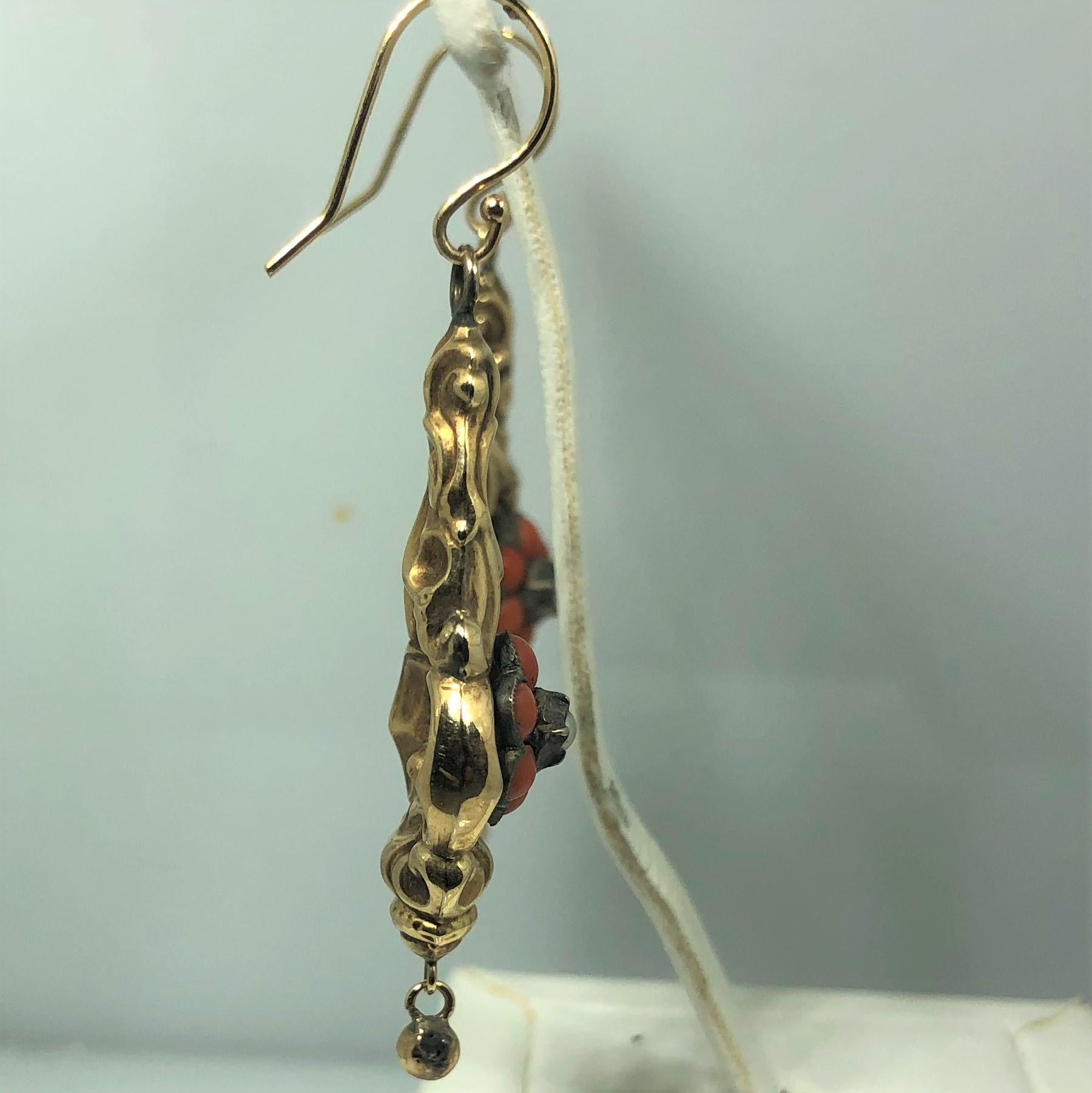 Antique Victorian Yellow Gold Coral and Seed Pearl Earrings 2