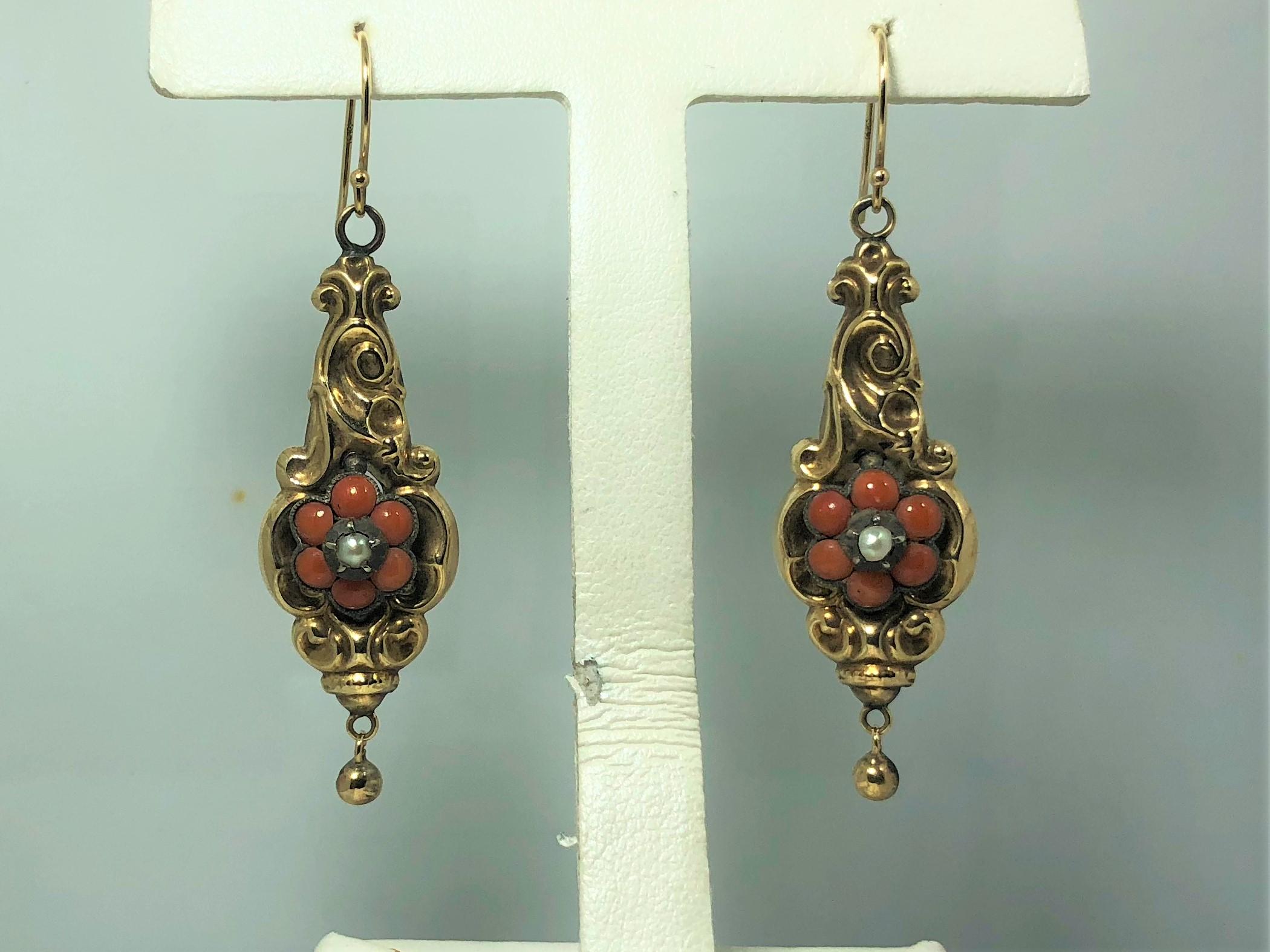 Early Victorian Antique Victorian Yellow Gold Coral and Seed Pearl Earrings