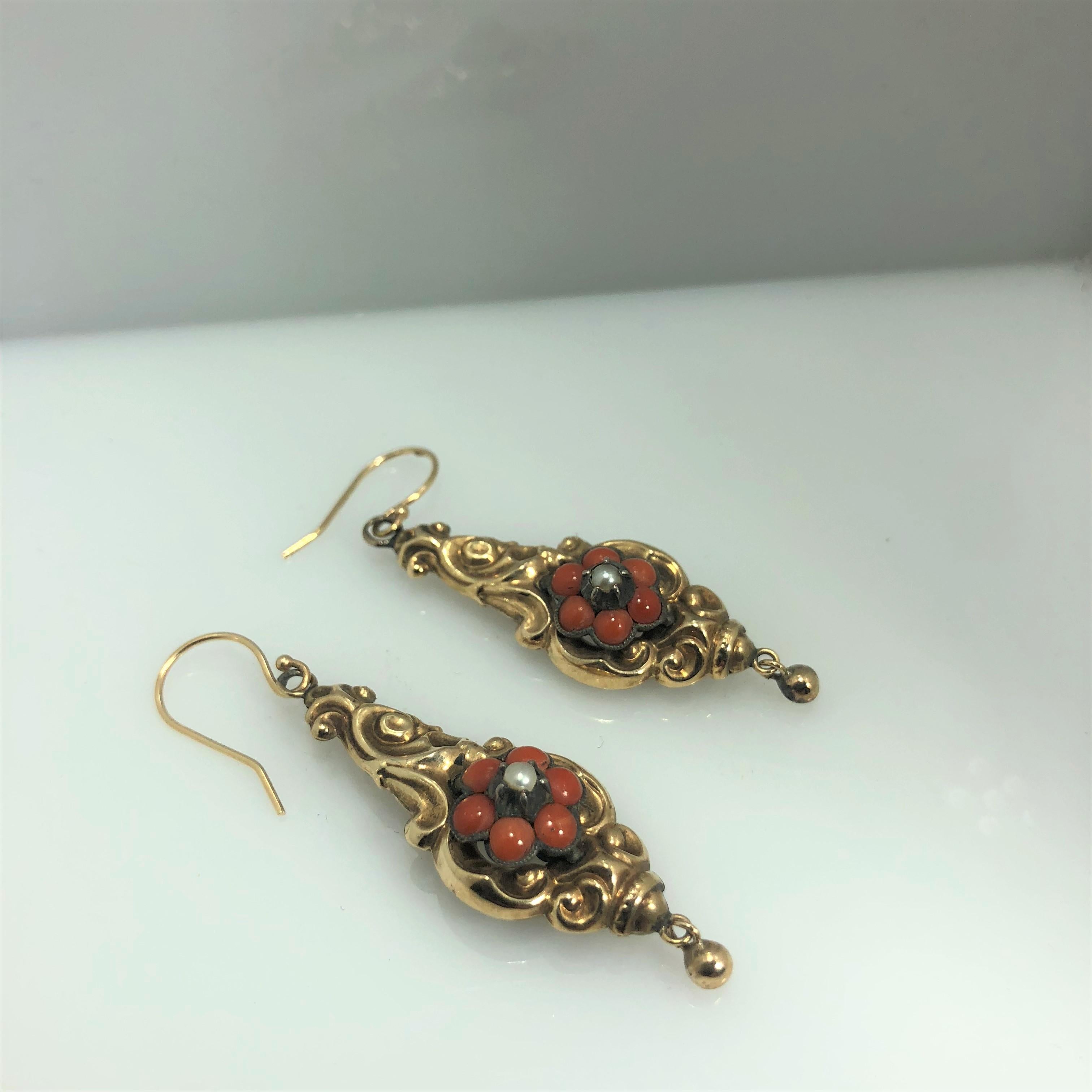 Round Cut Antique Victorian Yellow Gold Coral and Seed Pearl Earrings