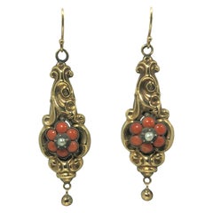 Antique Victorian Yellow Gold Coral and Seed Pearl Earrings