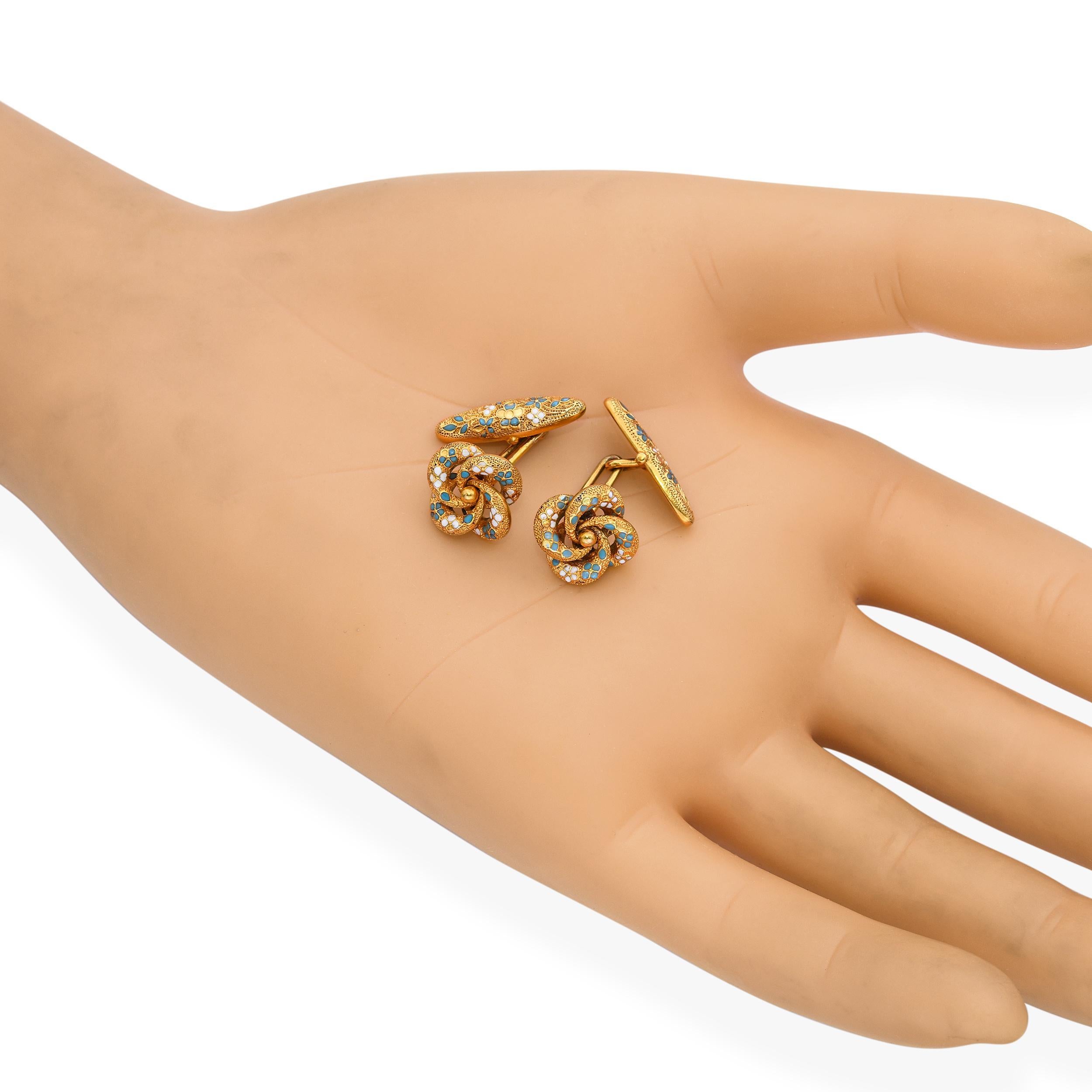 Antique Victorian Yellow Gold Enamel Love Knot Cuff Links In Good Condition For Sale In New York, NY