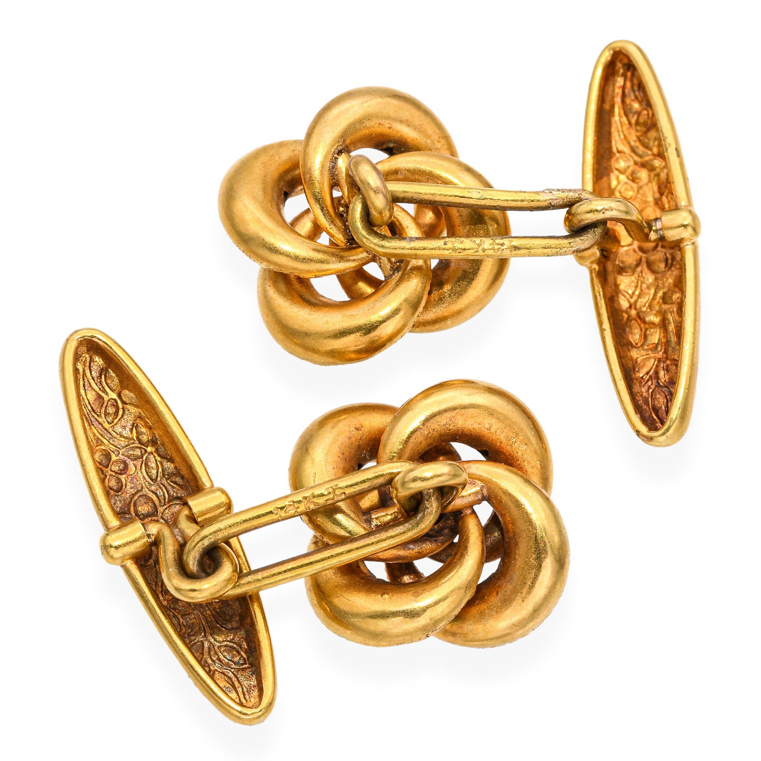 Women's or Men's Antique Victorian Yellow Gold Enamel Love Knot Cuff Links For Sale