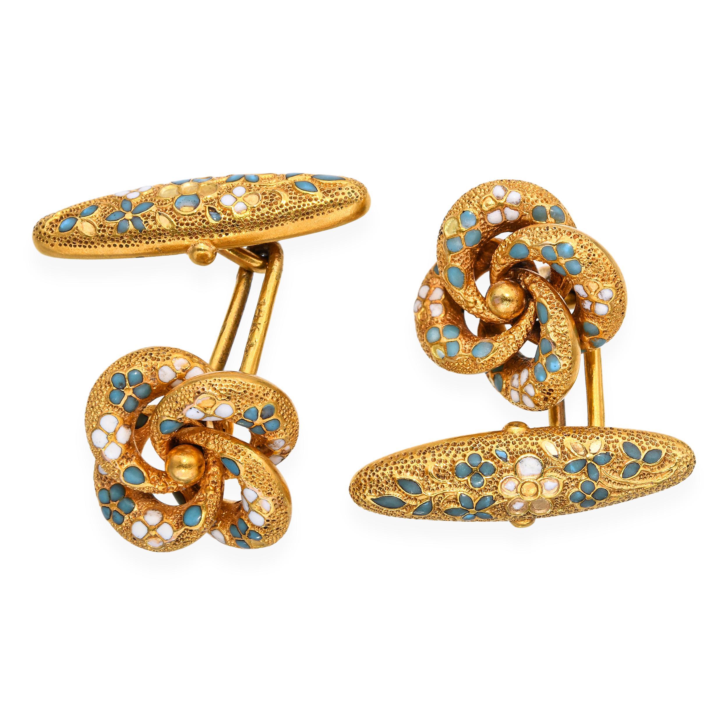 Antique Victorian Yellow Gold Enamel Love Knot Cuff Links For Sale 1