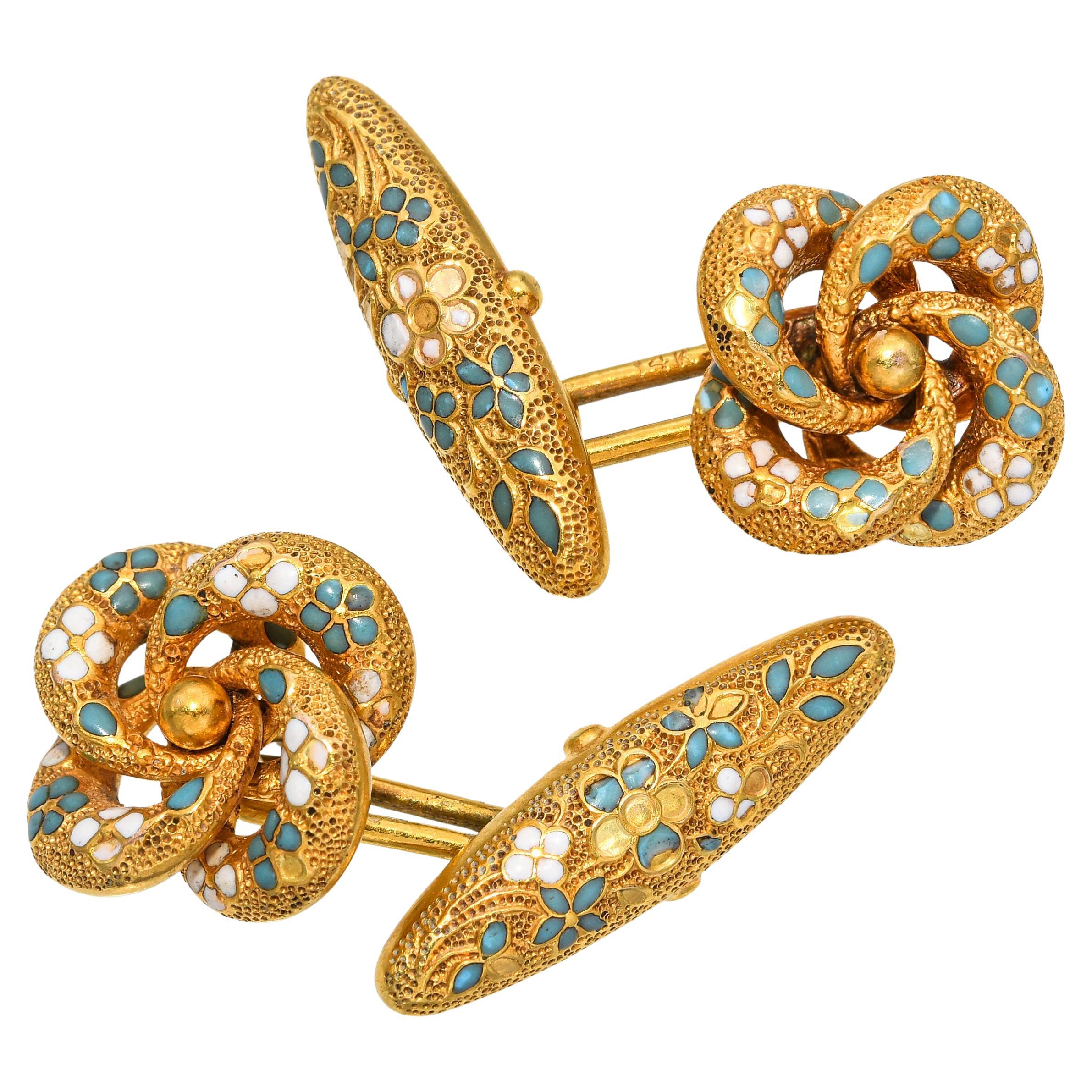 Antique Victorian Yellow Gold Enamel Love Knot Cuff Links For Sale