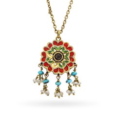 Antique Victorian Yellow Gold Enamel, Turquoise, and Pearl Necklace