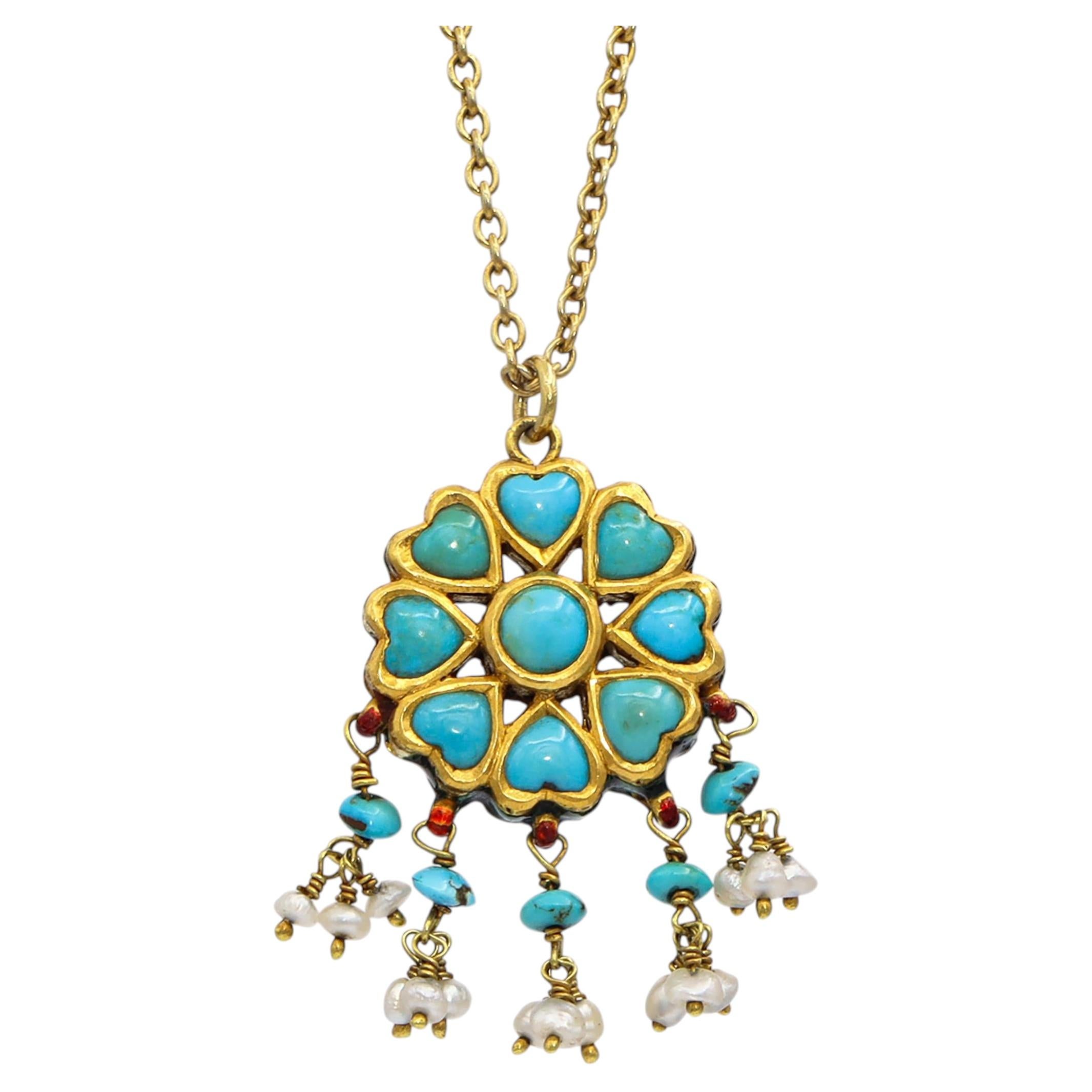 Meenakari Yellow Gold Enamel, Turquoise, and Pearl Necklace