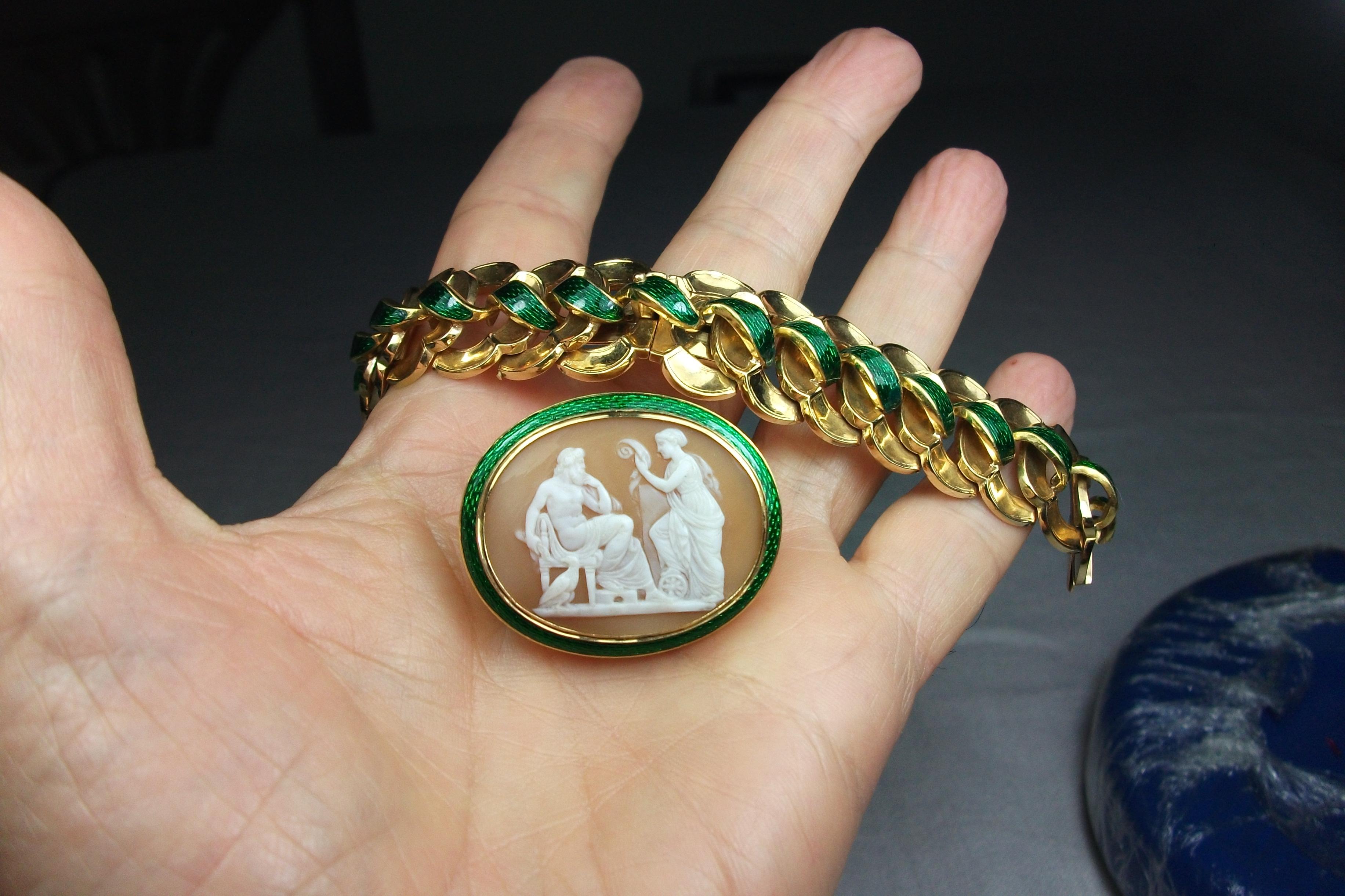 Antique Victorian Yellow Gold Enamel Zeus and Nemesis Shell Cameo Bracelet For Sale 5